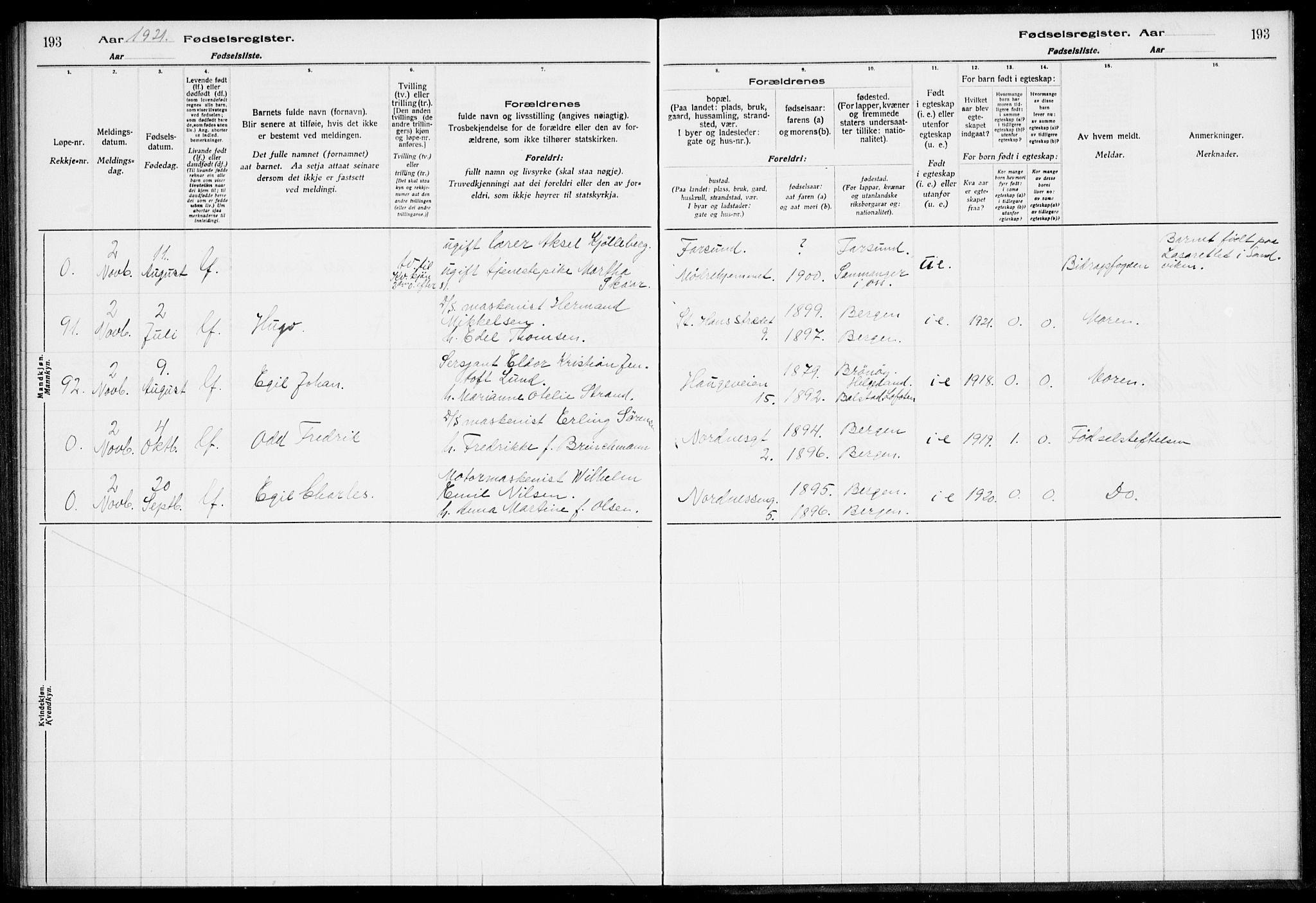 Nykirken Sokneprestembete, AV/SAB-A-77101/I/Id/L00A1: Birth register no. A 1, 1916-1922, p. 193