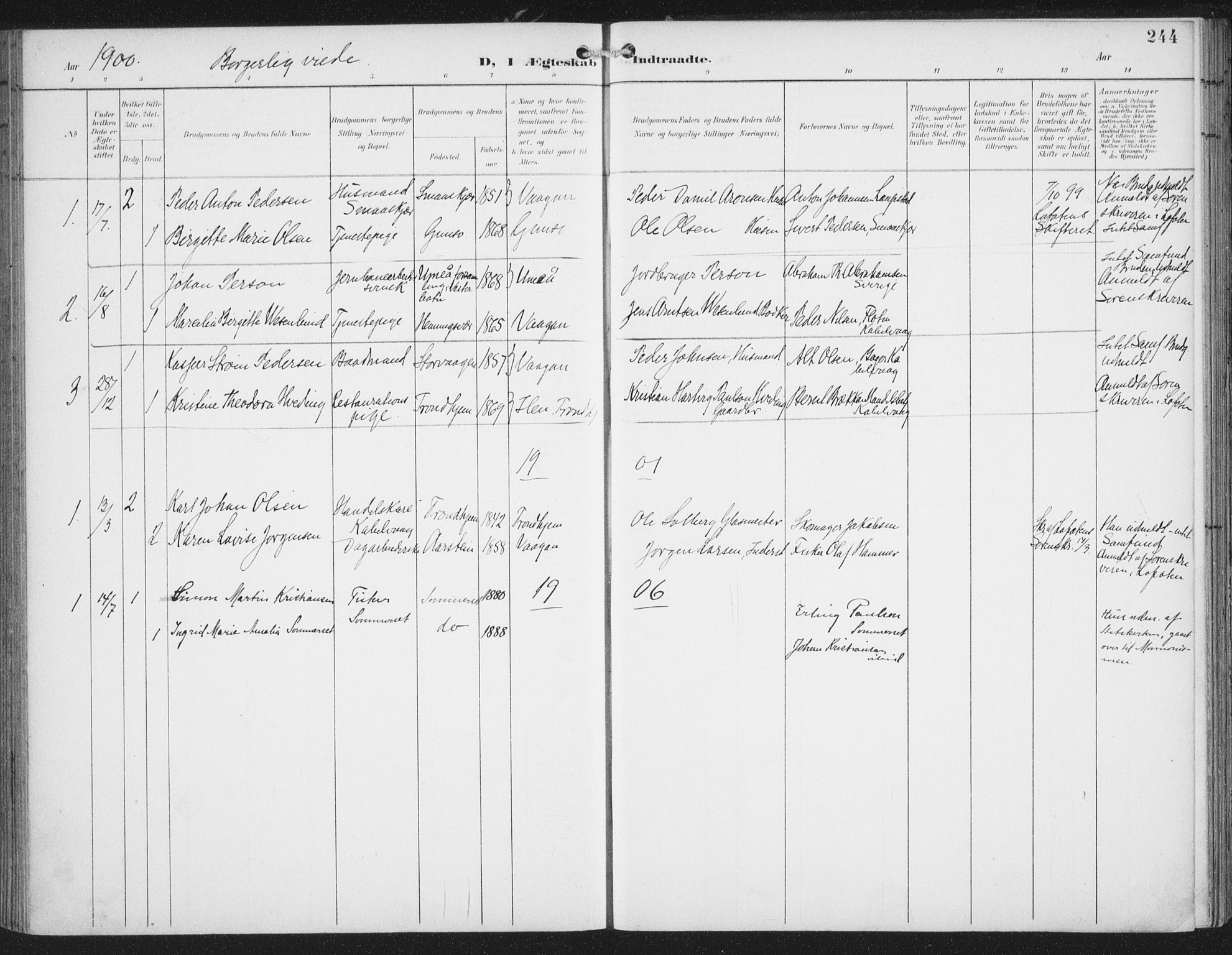 Ministerialprotokoller, klokkerbøker og fødselsregistre - Nordland, AV/SAT-A-1459/874/L1062: Parish register (official) no. 874A06, 1899-1907, p. 244