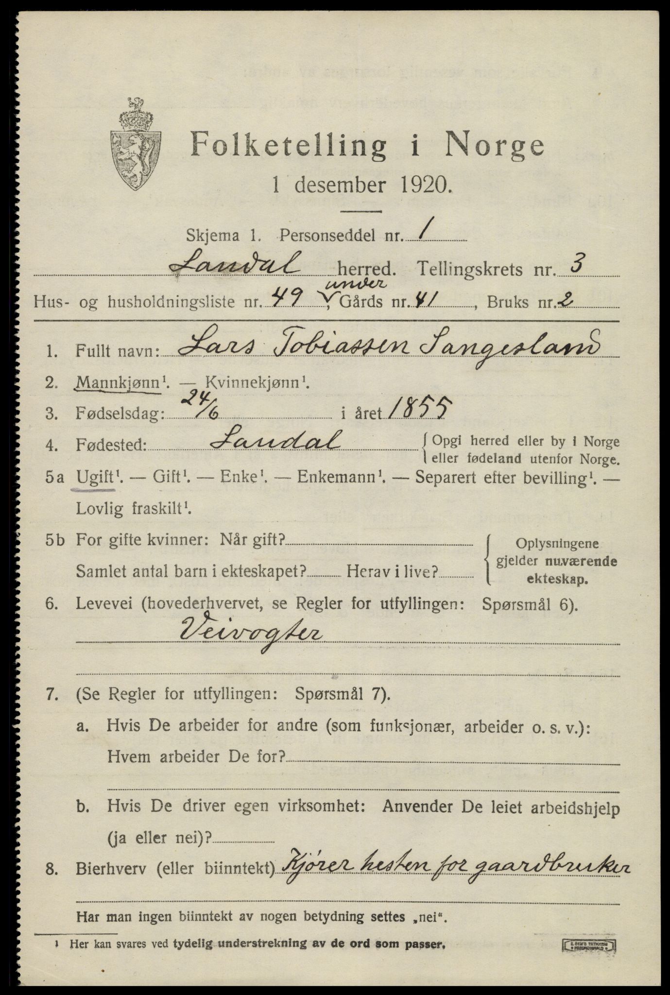 SAK, 1920 census for Laudal, 1920, p. 1376