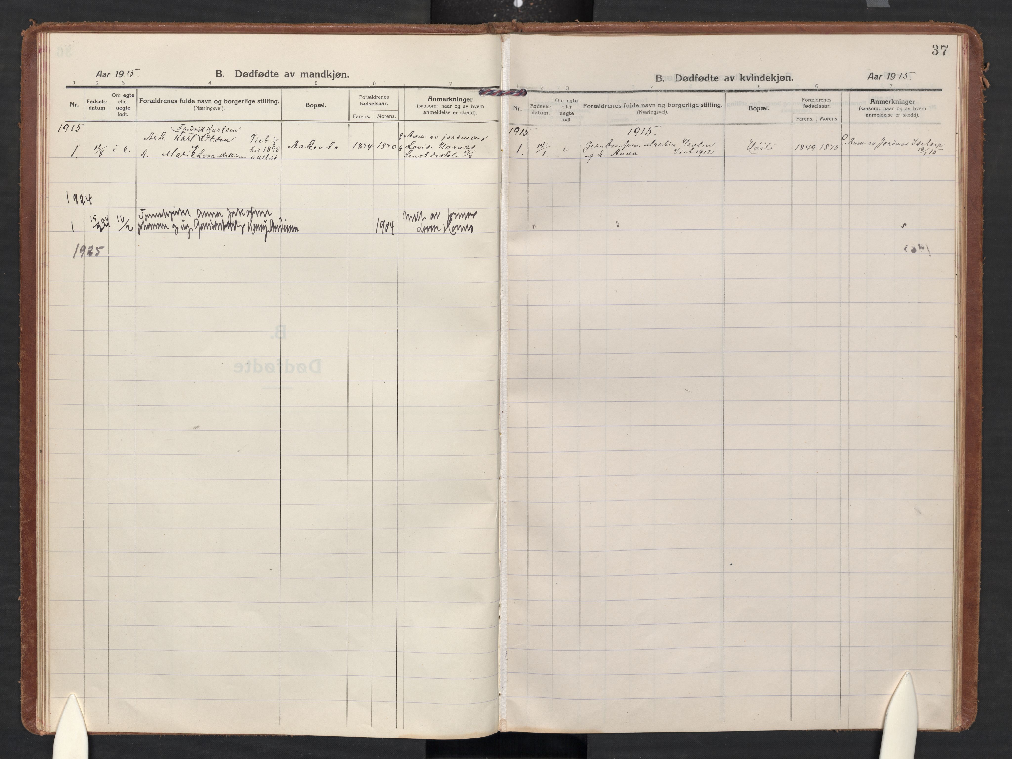 Skjeberg prestekontor Kirkebøker, AV/SAO-A-10923/F/Fc/L0003: Parish register (official) no. III 3, 1915-1926, p. 37