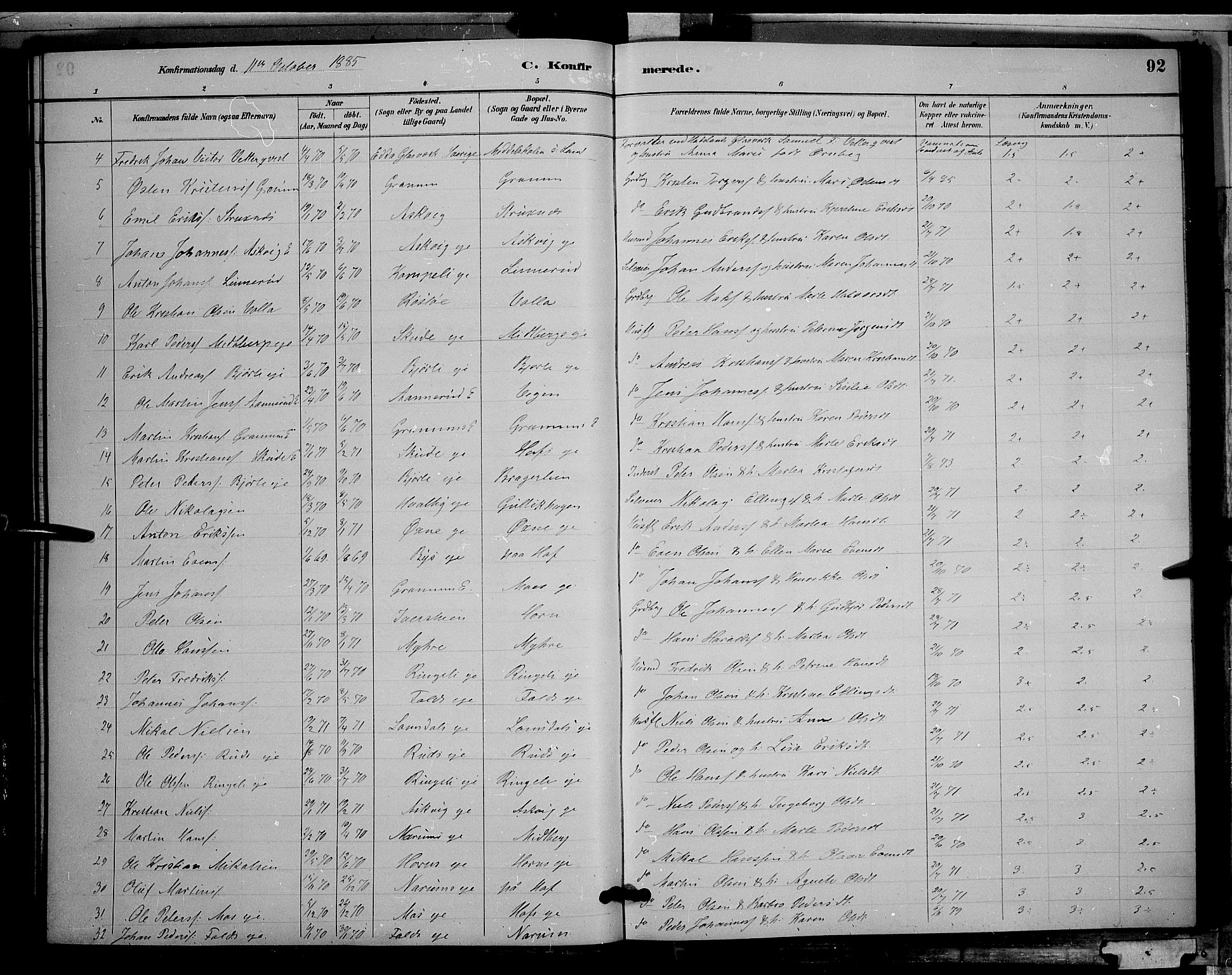 Søndre Land prestekontor, SAH/PREST-122/L/L0002: Parish register (copy) no. 2, 1884-1900, p. 92