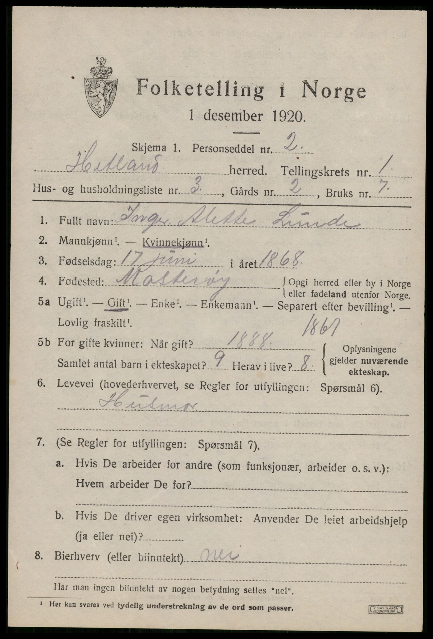 SAST, 1920 census for Hetland, 1920, p. 3589