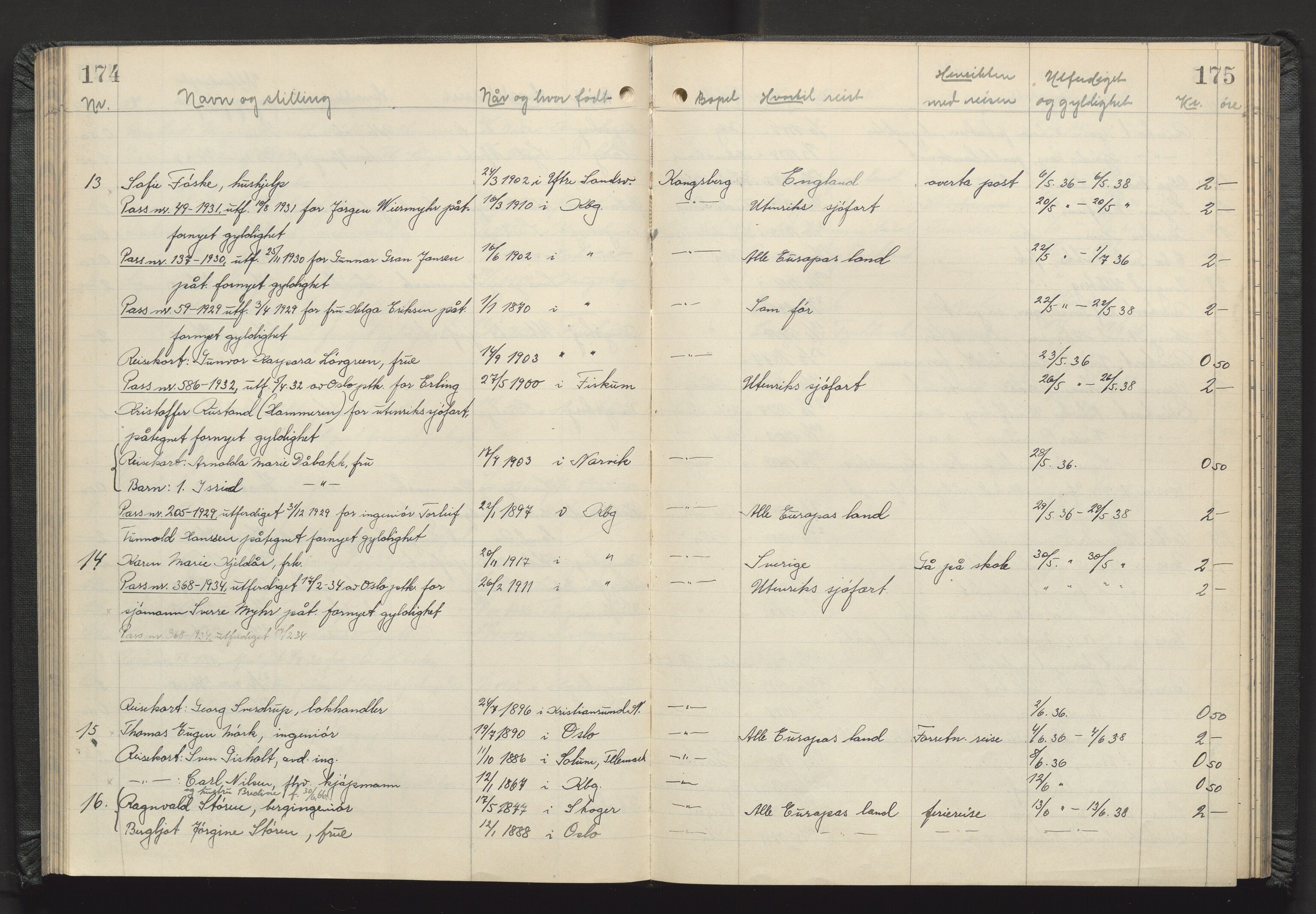 Kongsberg politikammer, AV/SAKO-A-624/I/Ib/Iba/L0004: Passprotokoll, 1927-1946, p. 174-175