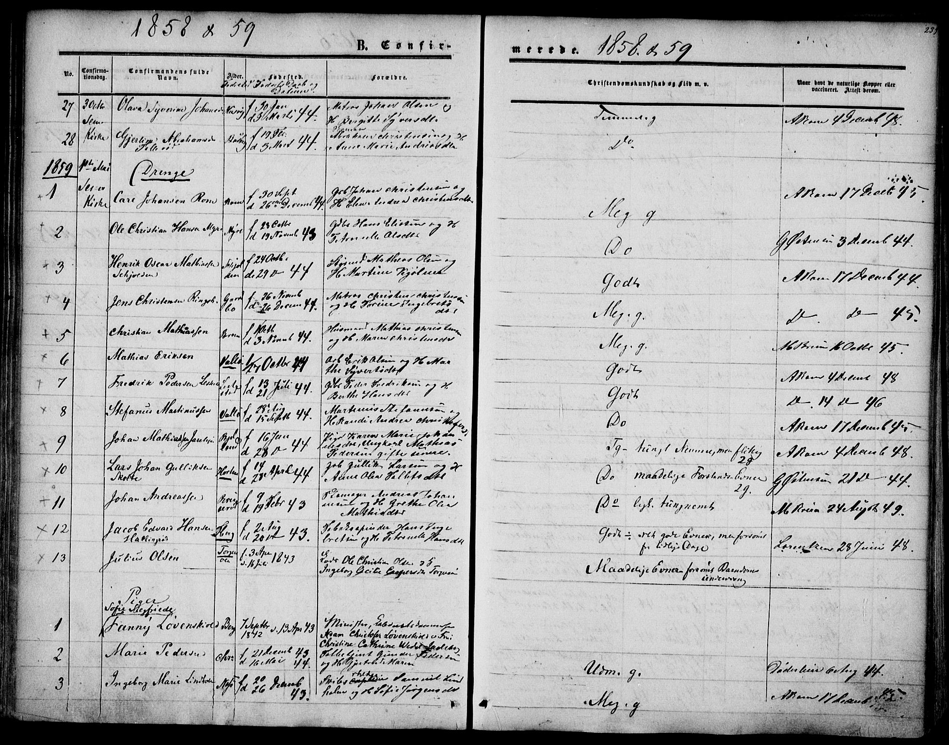 Sem kirkebøker, SAKO/A-5/F/Fa/L0007: Parish register (official) no. I 7, 1856-1865, p. 239