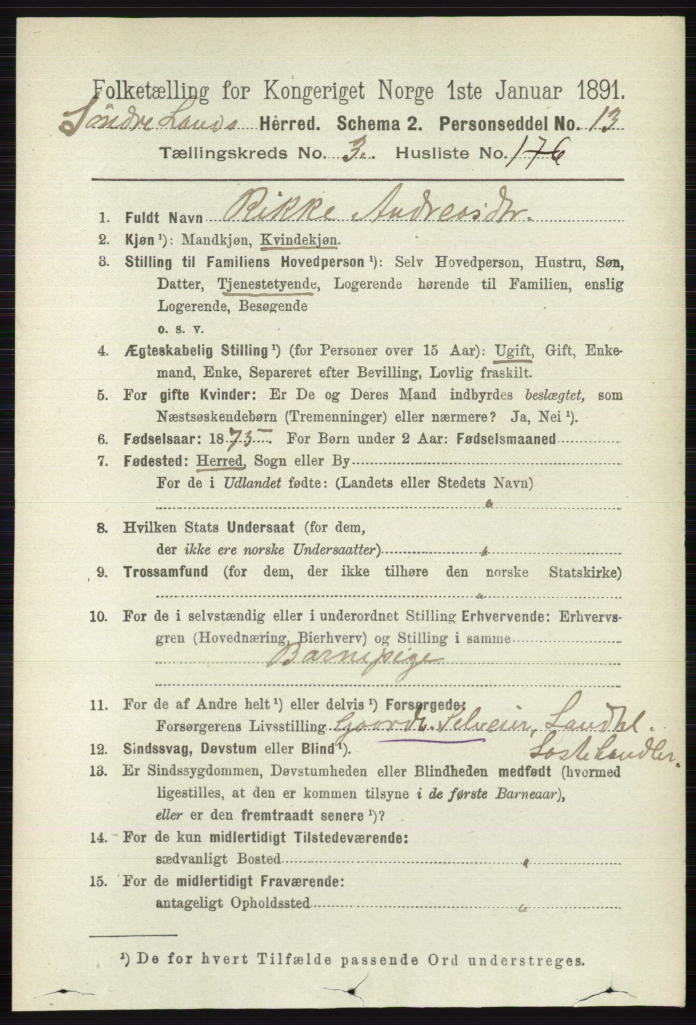 RA, 1891 census for 0536 Søndre Land, 1891, p. 3573