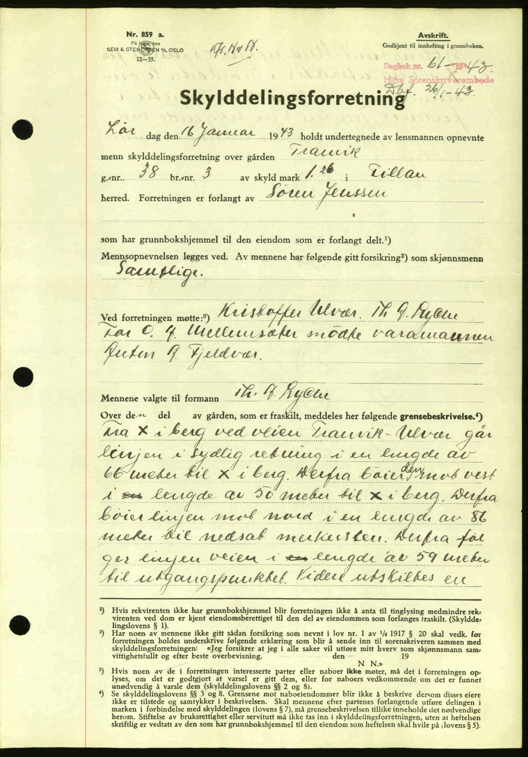 Hitra sorenskriveri, AV/SAT-A-0018/2/2C/2Ca: Mortgage book no. A2, 1943-1945, Diary no: : 61/1943