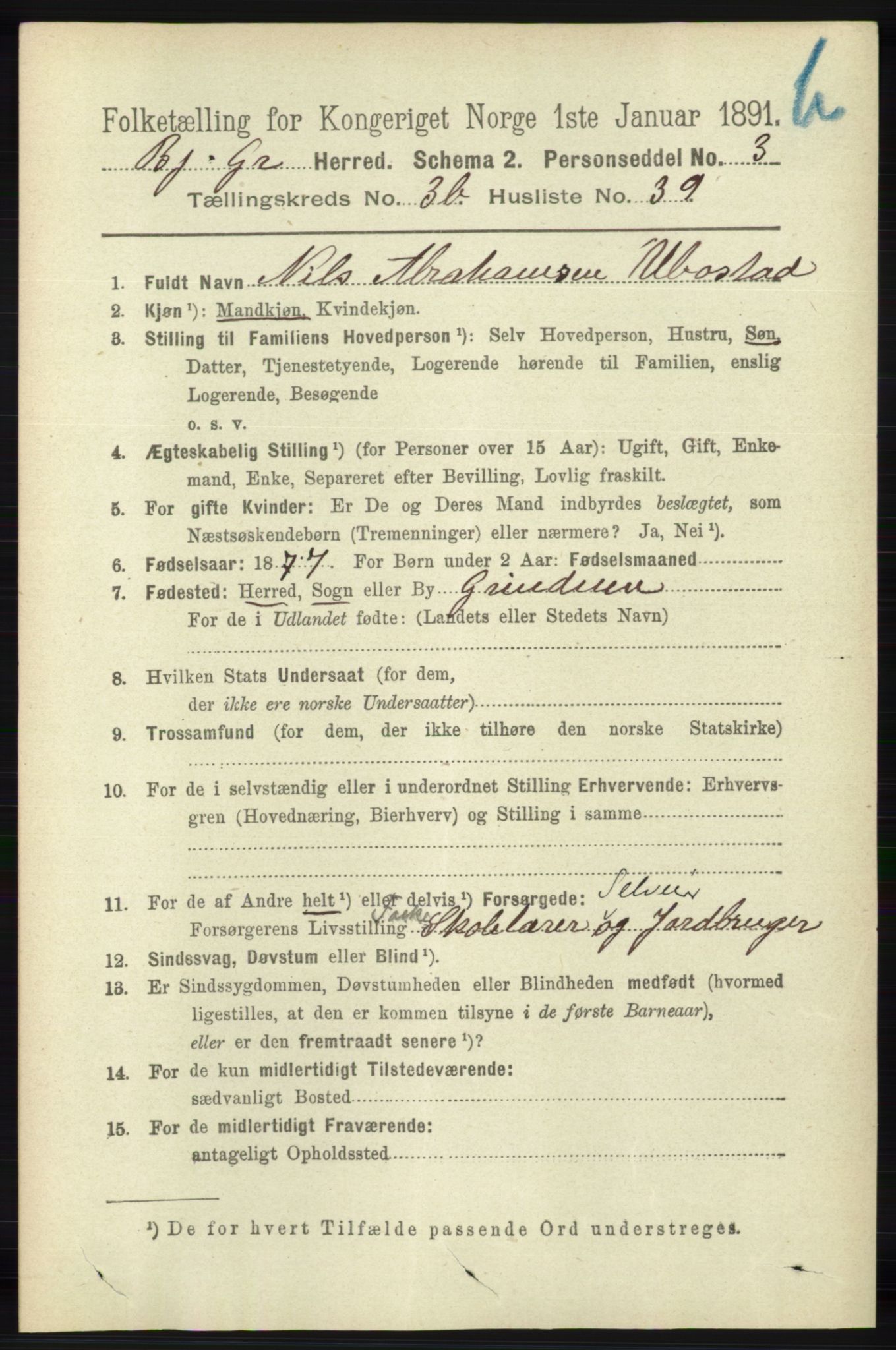 RA, 1891 census for 1024 Bjelland og Grindheim, 1891, p. 2018
