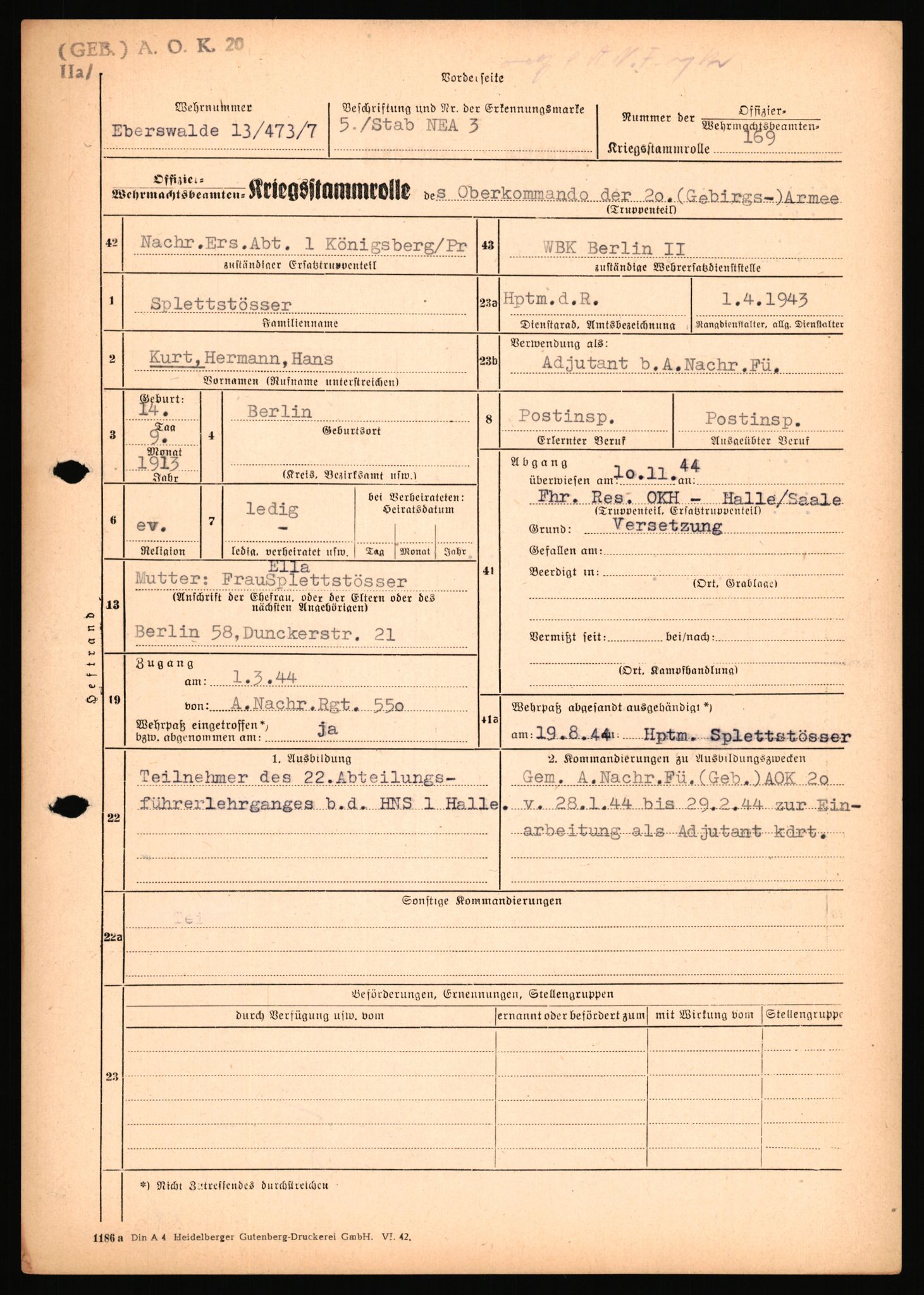 Forsvarets Overkommando. 2 kontor. Arkiv 11.4. Spredte tyske arkivsaker, AV/RA-RAFA-7031/D/Dar/Dara/L0019: Personalbøker og diverse, 1940-1945, p. 126