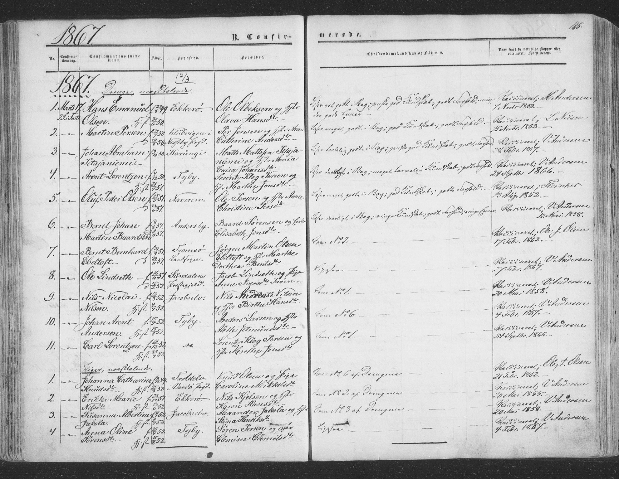 Vadsø sokneprestkontor, SATØ/S-1325/H/Ha/L0004kirke: Parish register (official) no. 4, 1854-1880, p. 185