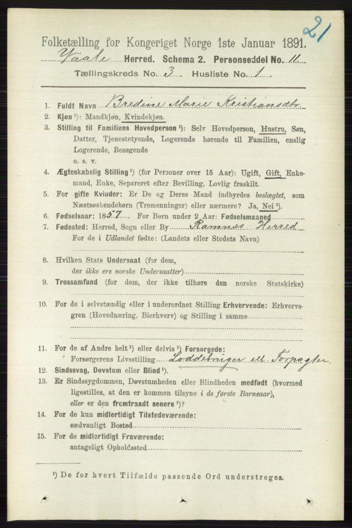 RA, 1891 census for 0716 Våle, 1891, p. 561