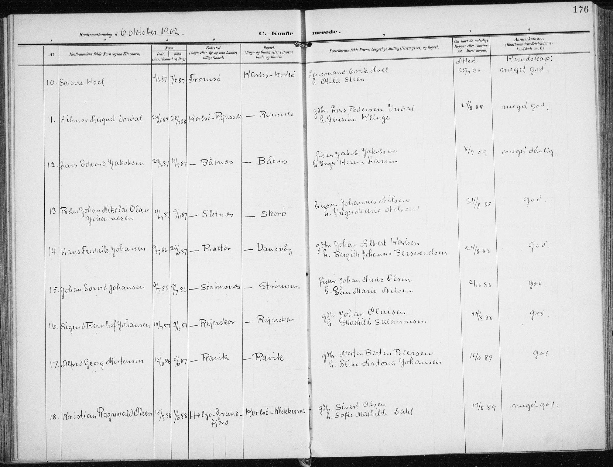 Karlsøy sokneprestembete, AV/SATØ-S-1299/H/Ha/Haa/L0014kirke: Parish register (official) no. 14, 1903-1917, p. 176