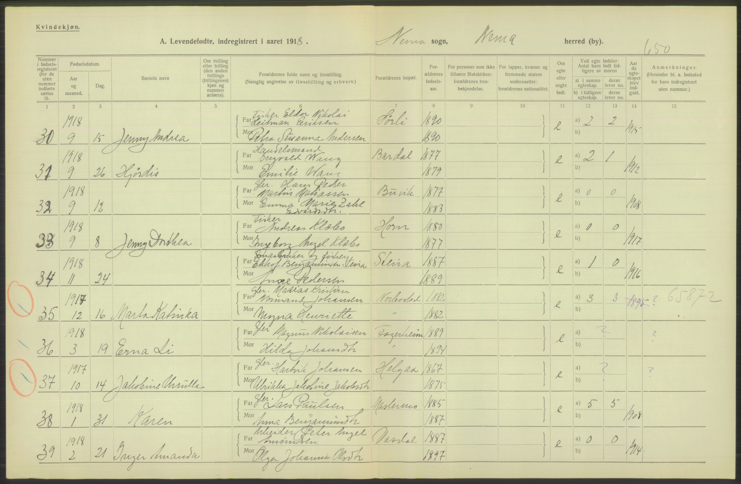 Statistisk sentralbyrå, Sosiodemografiske emner, Befolkning, AV/RA-S-2228/D/Df/Dfb/Dfbh/L0052: Nordland fylke: Levendefødte menn og kvinner. Bygder., 1918, p. 622