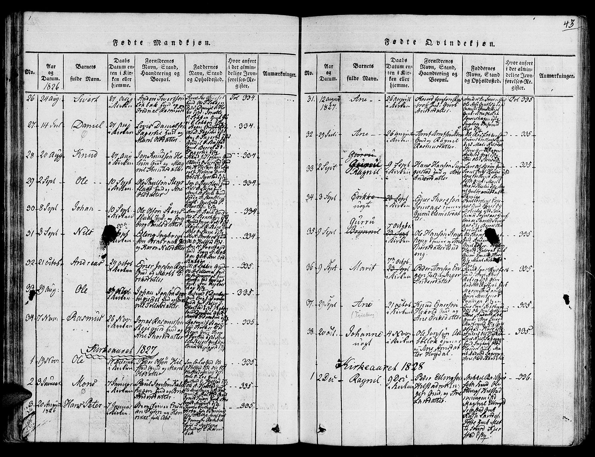 Ministerialprotokoller, klokkerbøker og fødselsregistre - Sør-Trøndelag, SAT/A-1456/672/L0853: Parish register (official) no. 672A06 /1, 1816-1829, p. 43