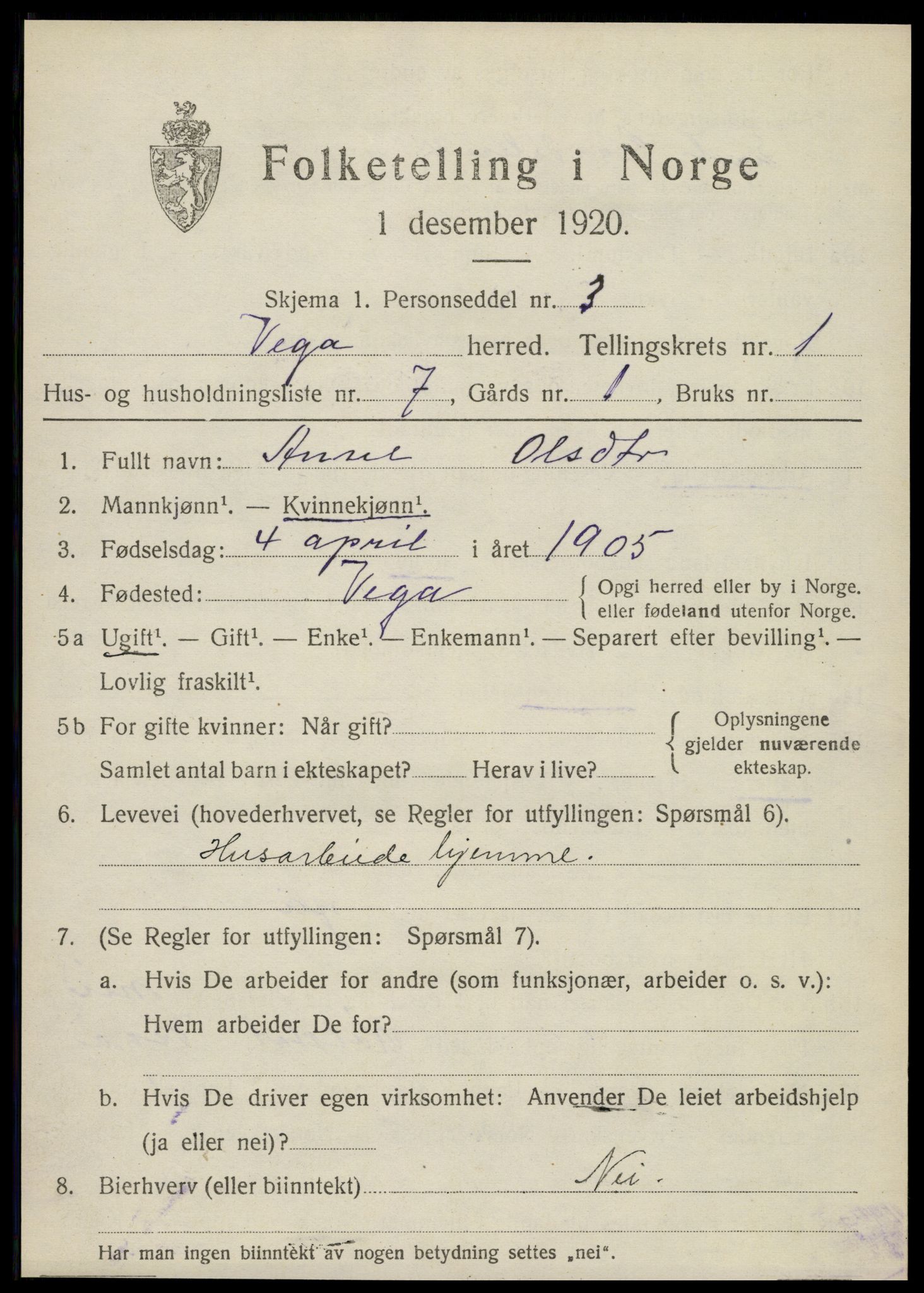 SAT, 1920 census for Vega, 1920, p. 1023