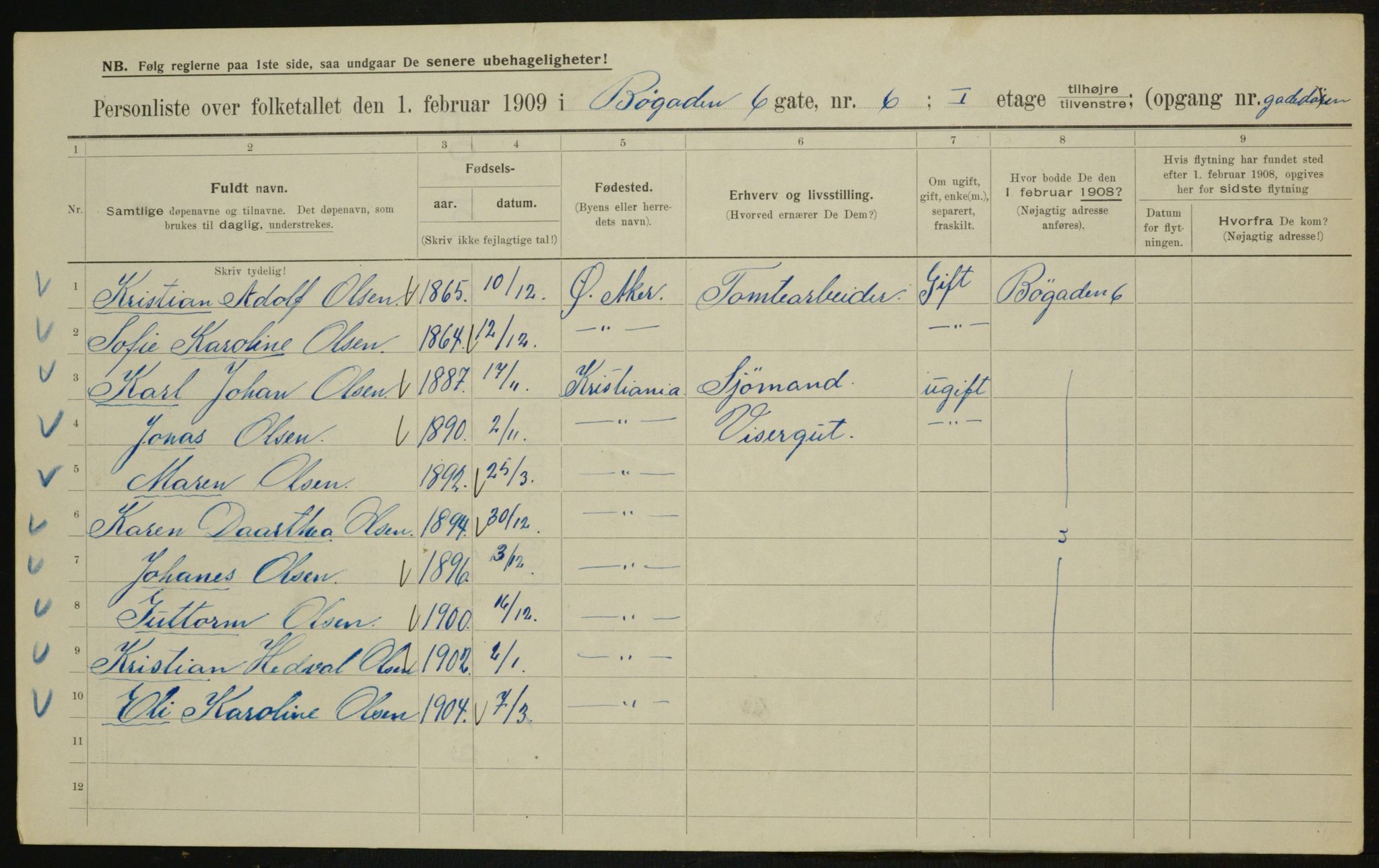 OBA, Municipal Census 1909 for Kristiania, 1909, p. 10036