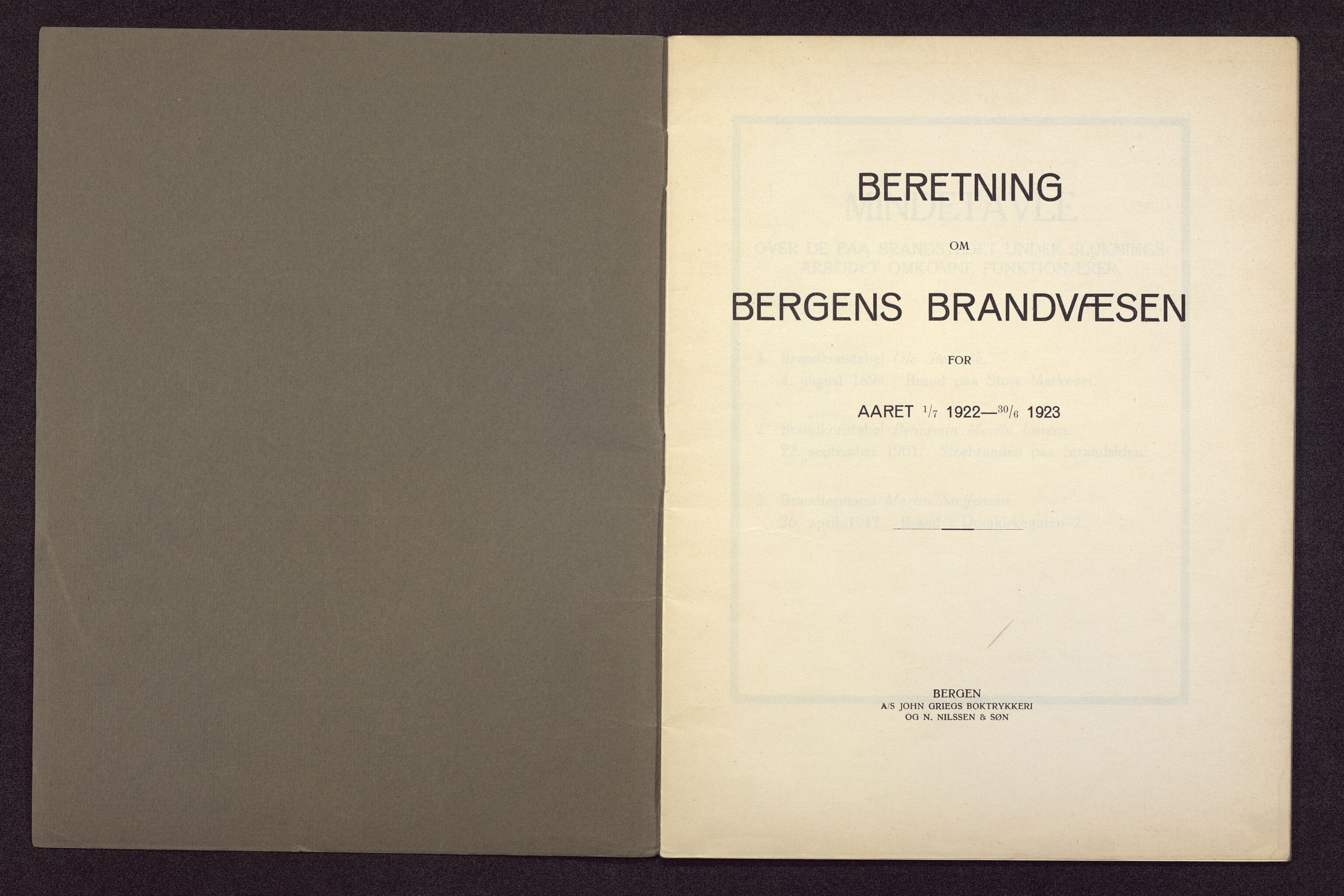 Bergen kommune. Brannvesenet (1863-1971), BBA/A-1181/X/Xa/L0007: Årsberetning, 1922-1923