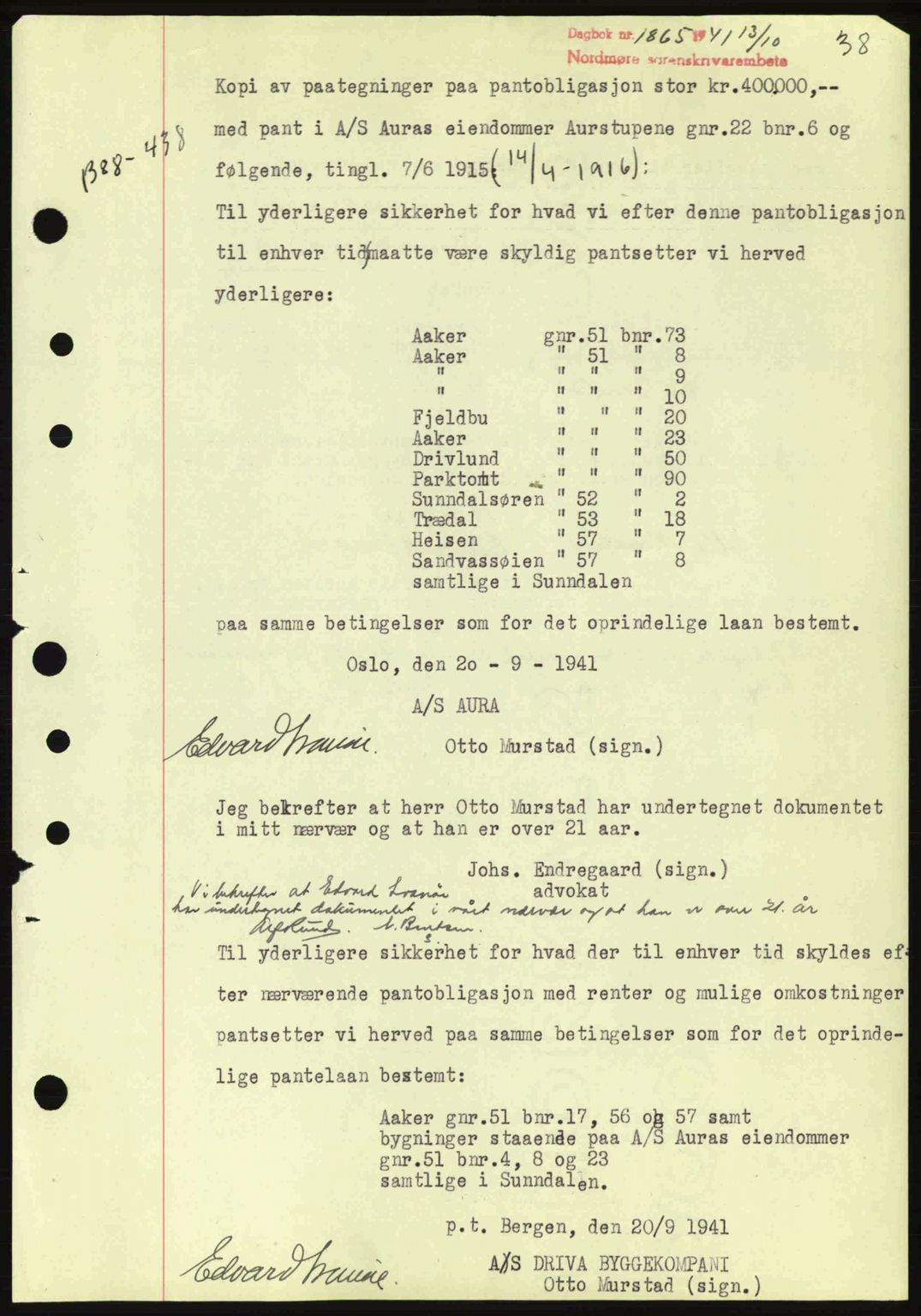 Nordmøre sorenskriveri, AV/SAT-A-4132/1/2/2Ca: Mortgage book no. B88, 1941-1942, Diary no: : 1865/1941