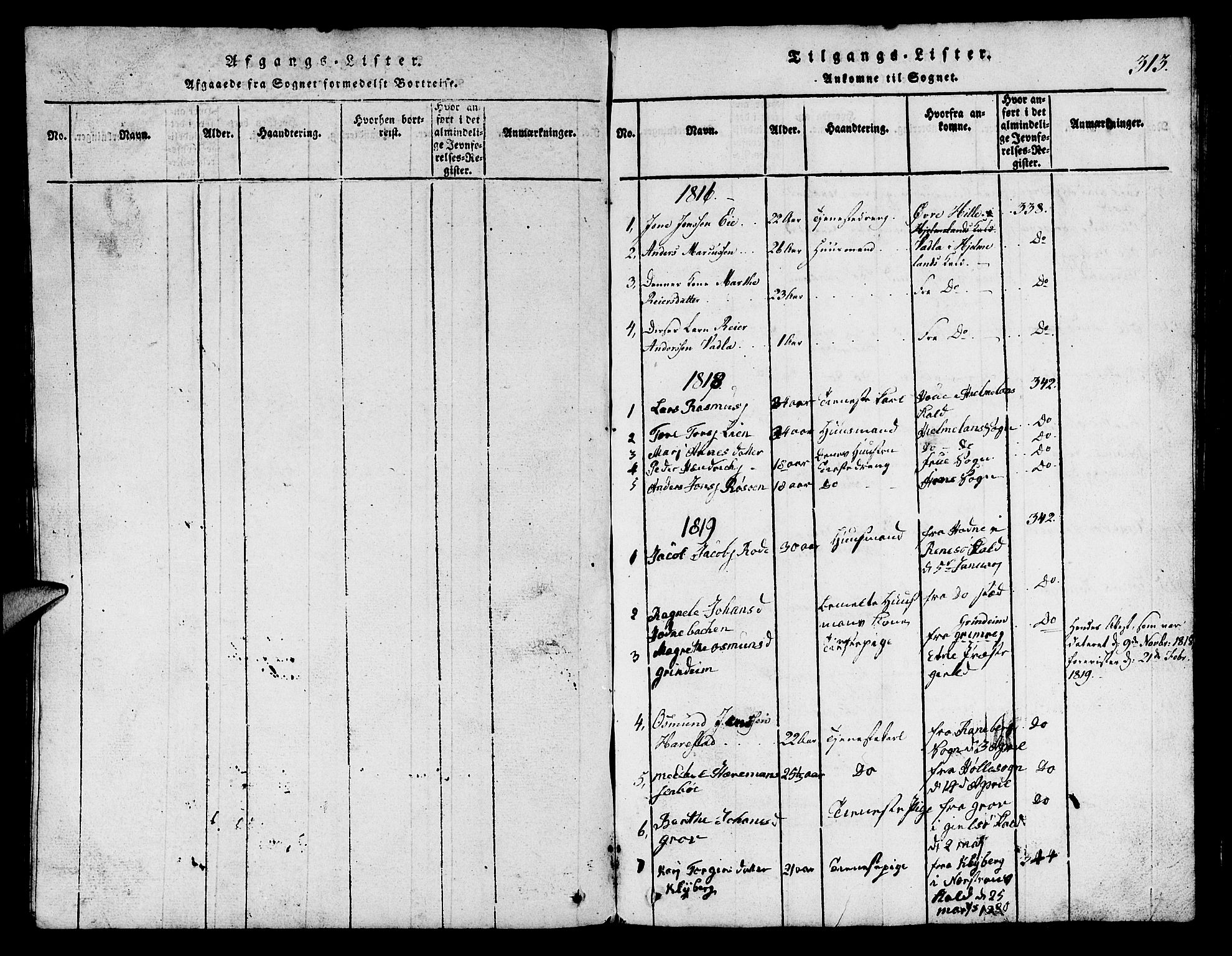 Finnøy sokneprestkontor, SAST/A-101825/H/Ha/Hab/L0001: Parish register (copy) no. B 1, 1816-1856, p. 313