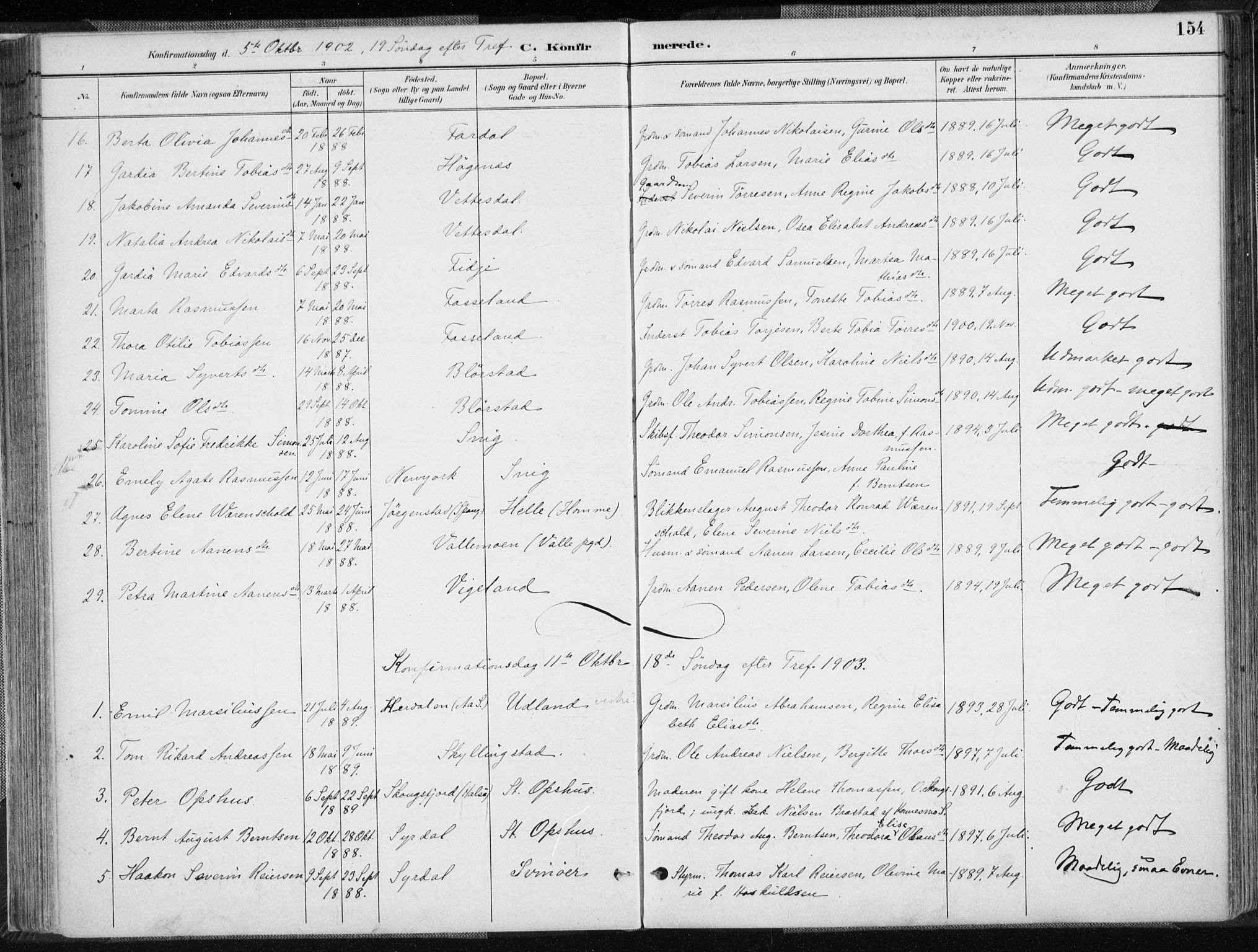 Sør-Audnedal sokneprestkontor, AV/SAK-1111-0039/F/Fa/Fab/L0010: Parish register (official) no. A 10, 1892-1913, p. 154