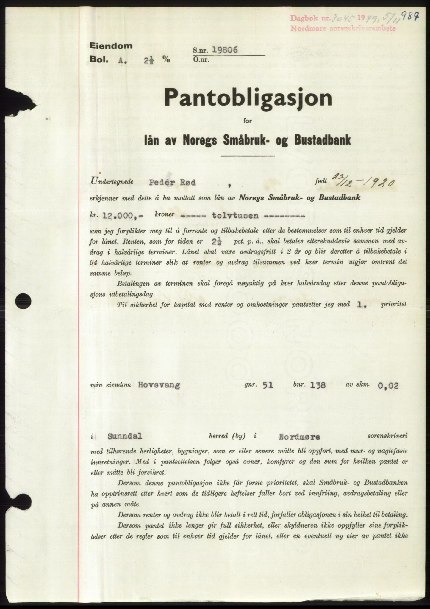 Nordmøre sorenskriveri, AV/SAT-A-4132/1/2/2Ca: Mortgage book no. B102, 1949-1949, Diary no: : 3045/1949