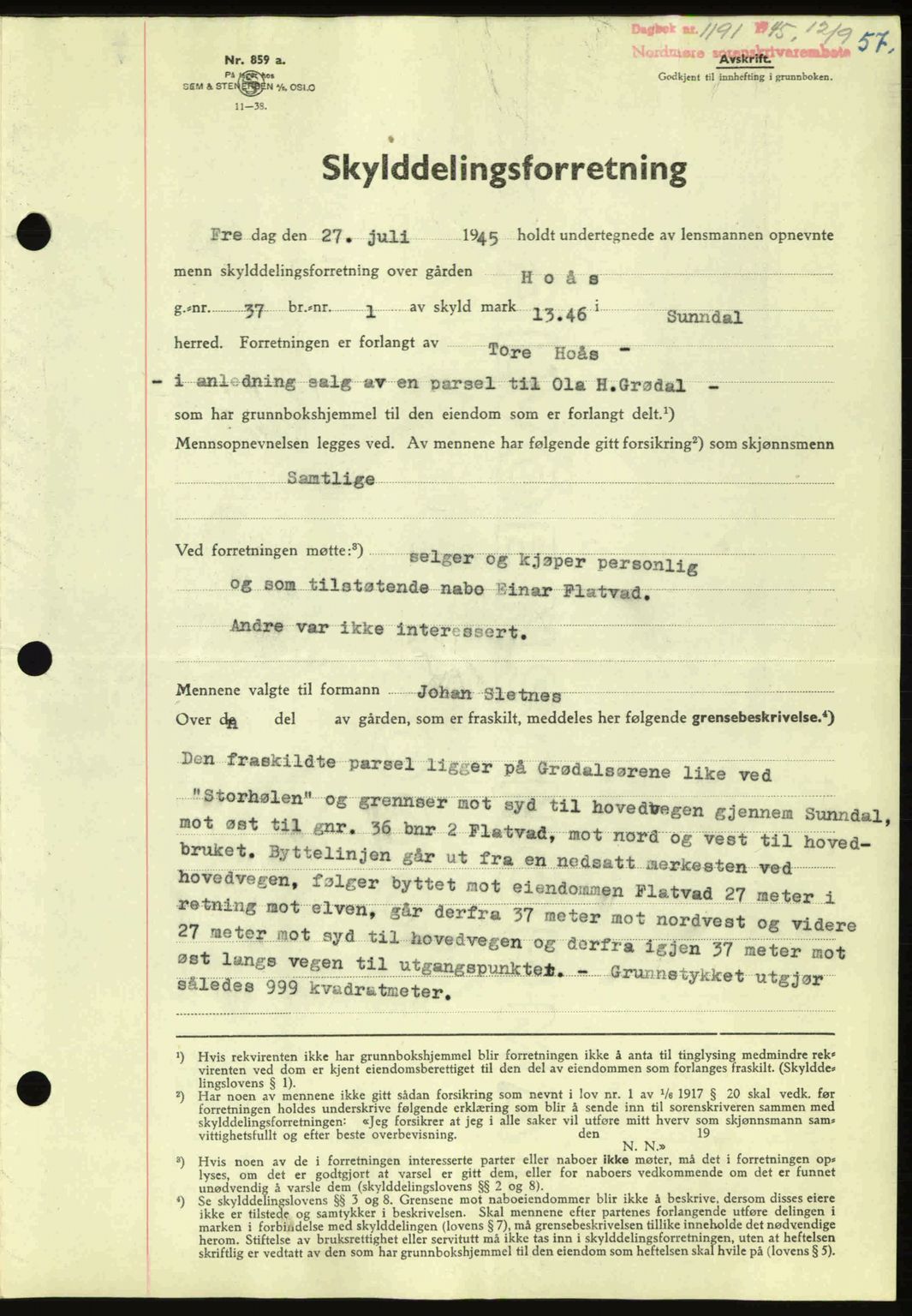 Nordmøre sorenskriveri, AV/SAT-A-4132/1/2/2Ca: Mortgage book no. A100a, 1945-1945, Diary no: : 1191/1945