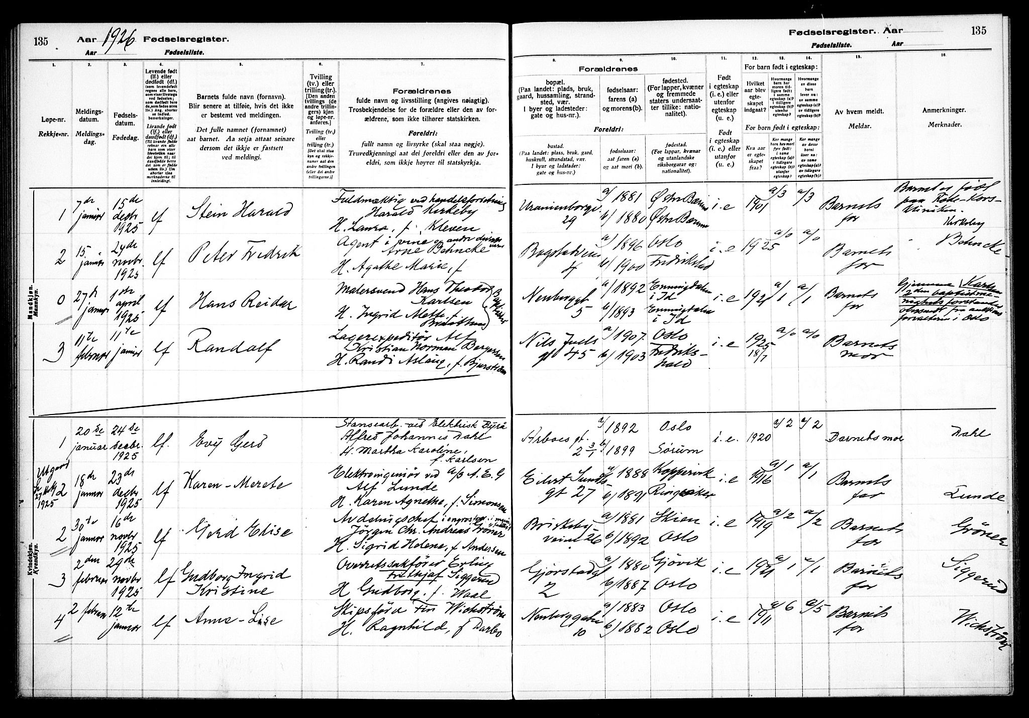 Uranienborg prestekontor Kirkebøker, AV/SAO-A-10877/J/Ja/L0001: Birth register no. 1, 1916-1930, p. 135