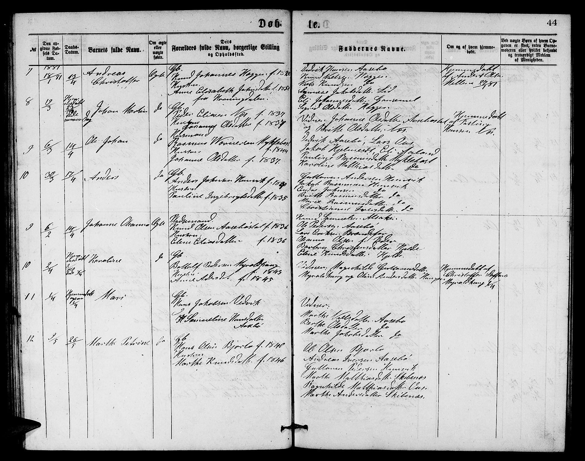 Eid sokneprestembete, AV/SAB-A-82301/H/Hab/Habb/L0001: Parish register (copy) no. B 1, 1877-1882, p. 44