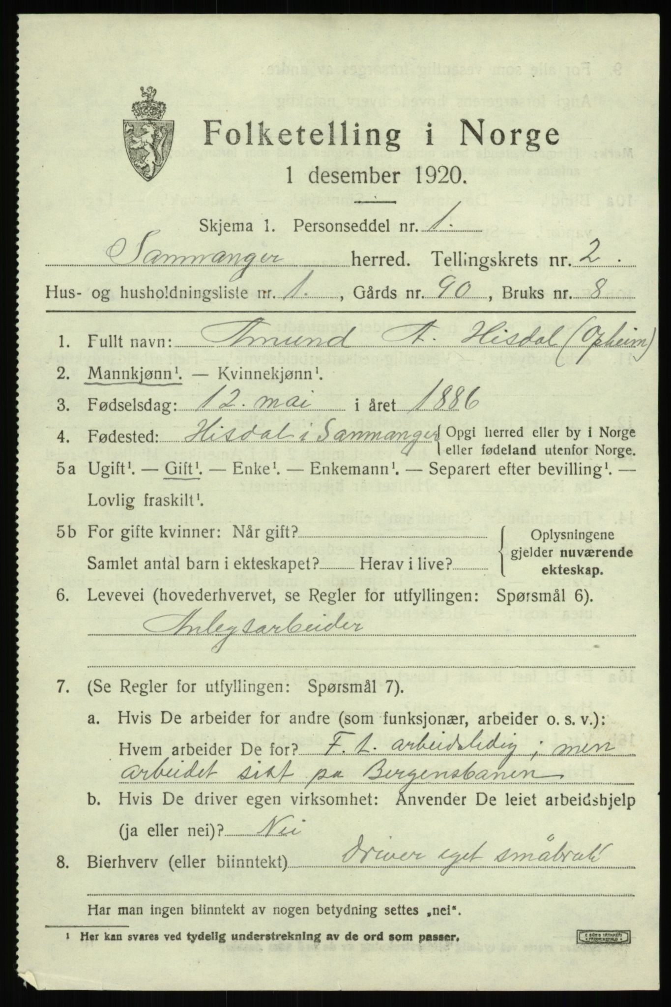 SAB, 1920 census for Samnanger, 1920, p. 1109