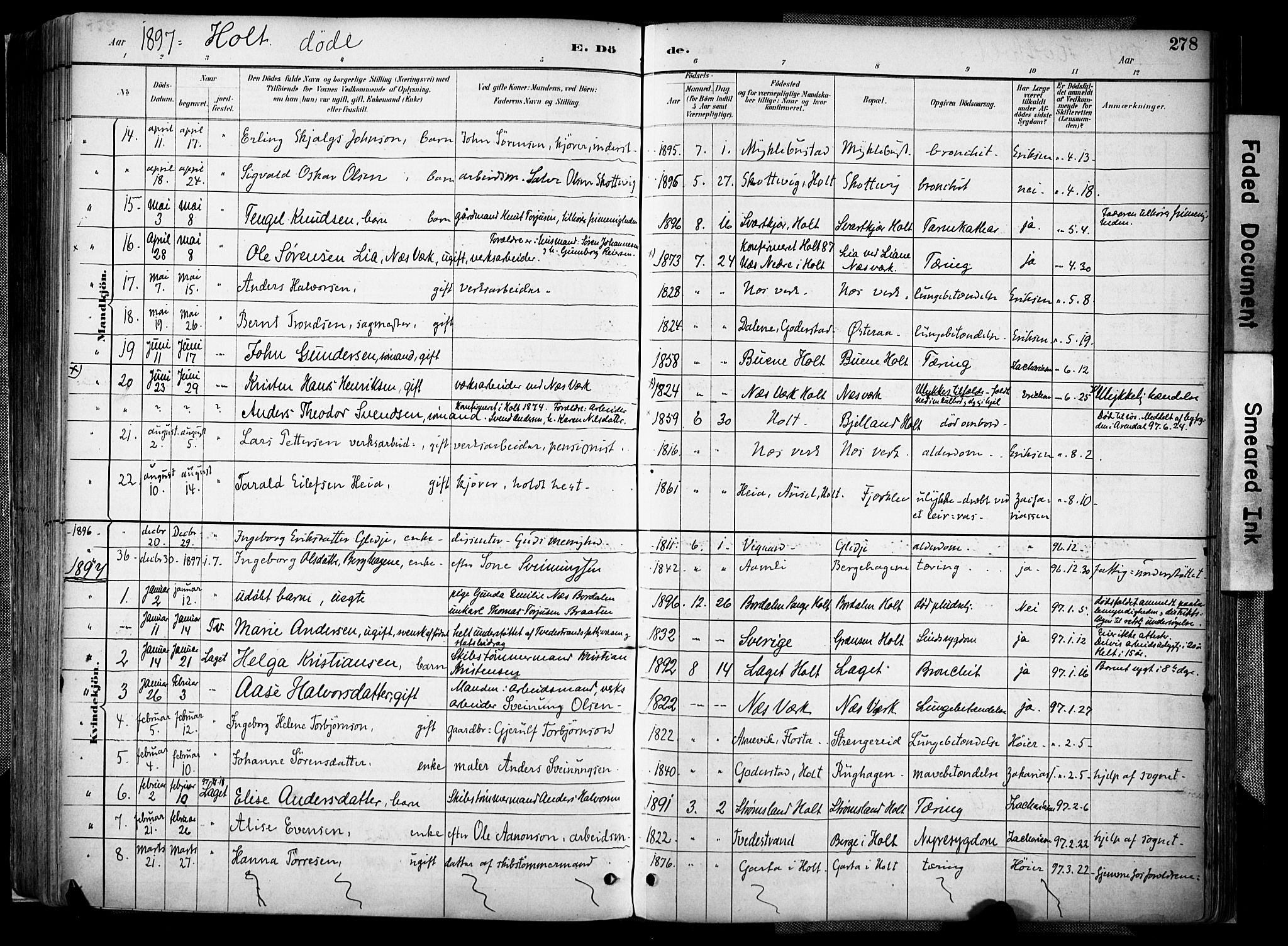 Holt sokneprestkontor, AV/SAK-1111-0021/F/Fa/L0012: Parish register (official) no. A 12, 1885-1907, p. 278