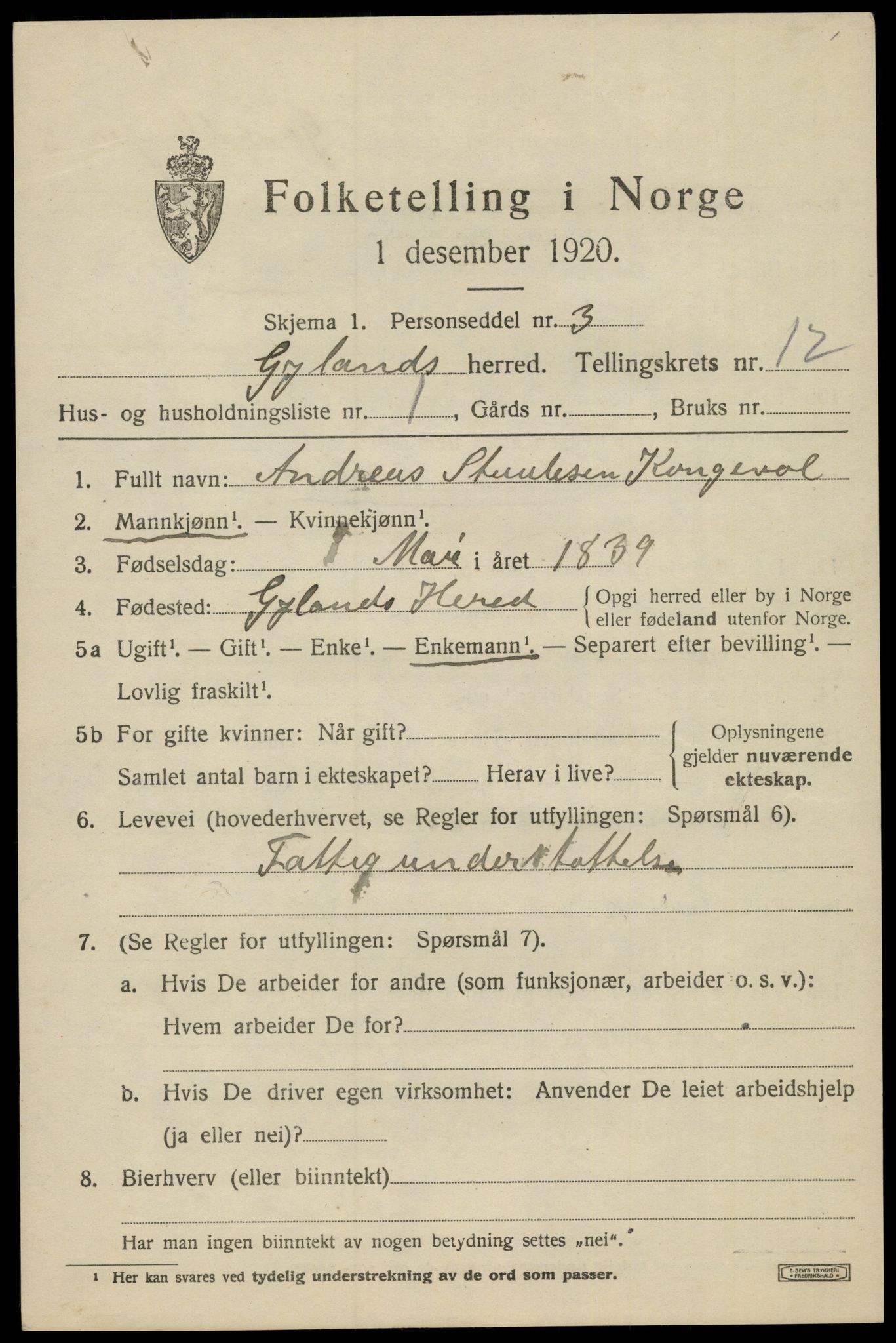 SAK, 1920 census for Gyland, 1920, p. 2426