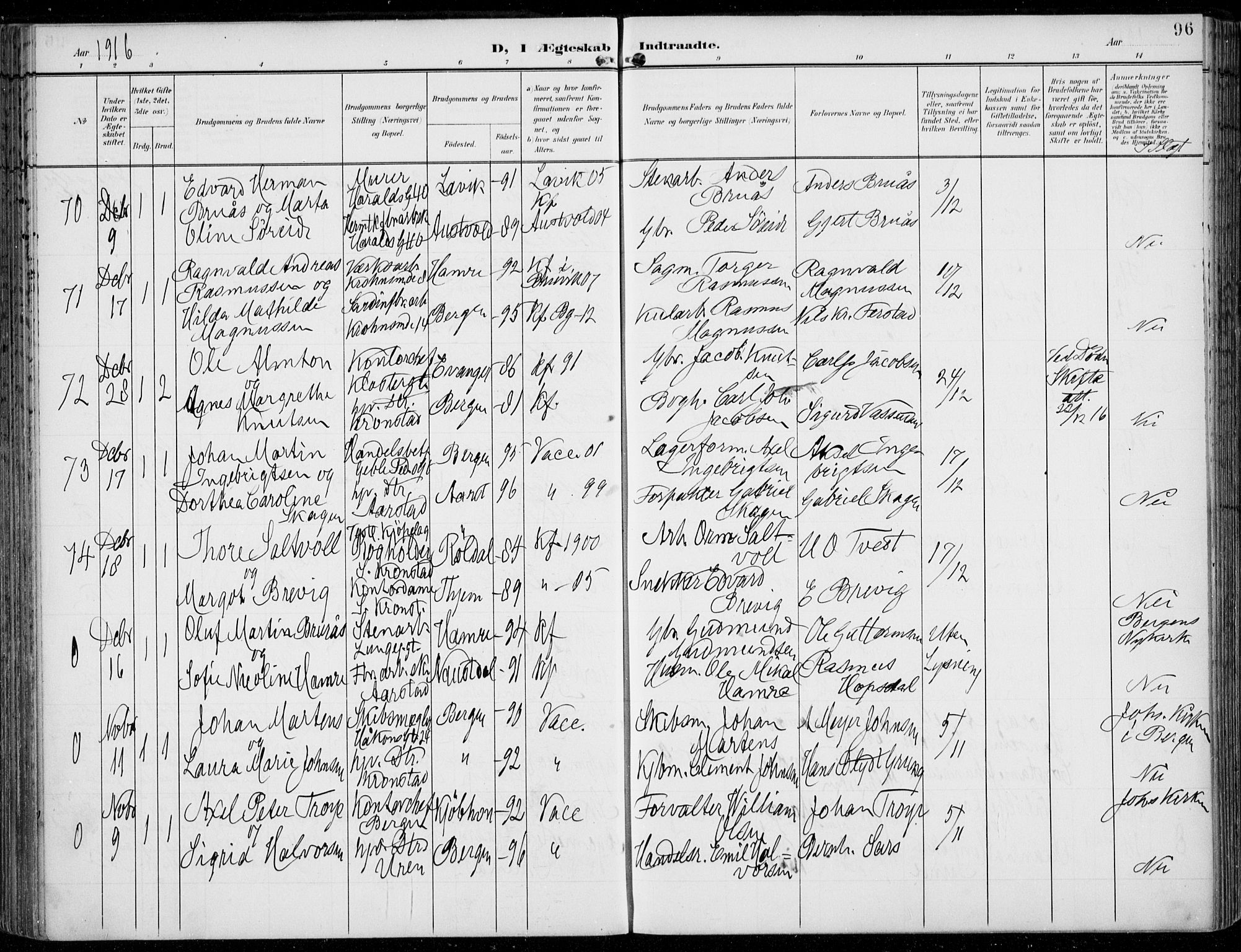 Årstad Sokneprestembete, AV/SAB-A-79301/H/Haa/L0009: Parish register (official) no. C 1, 1902-1918, p. 96