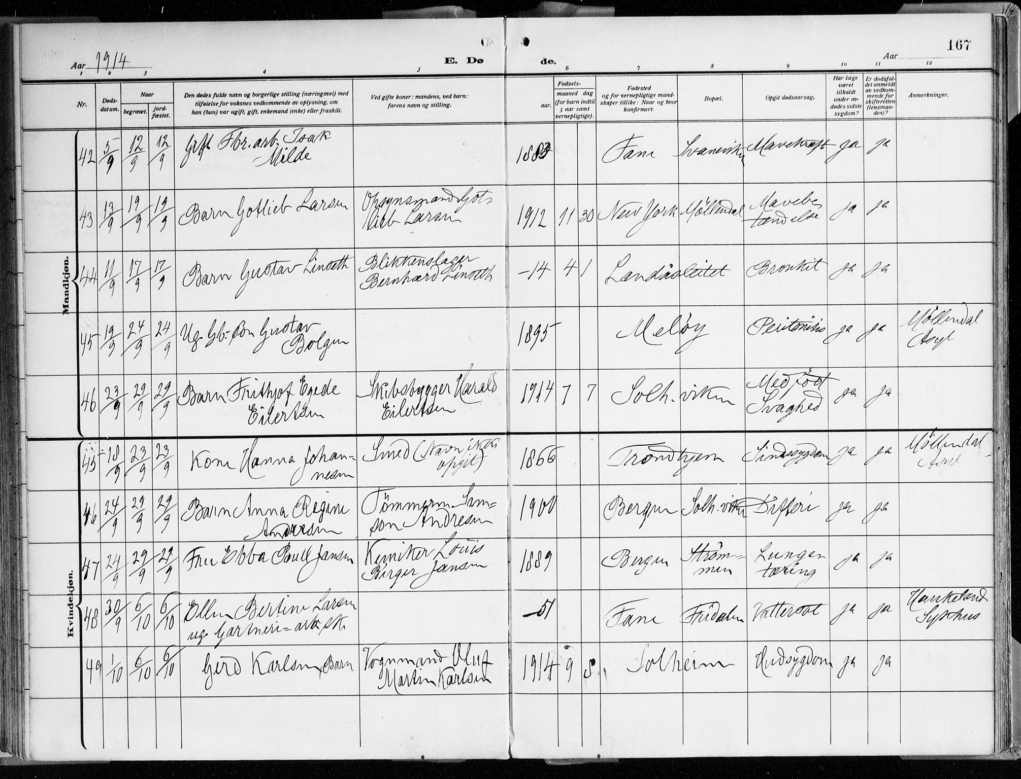 Årstad Sokneprestembete, AV/SAB-A-79301/H/Haa/L0003: Parish register (official) no. A 3, 1914-1919, p. 167