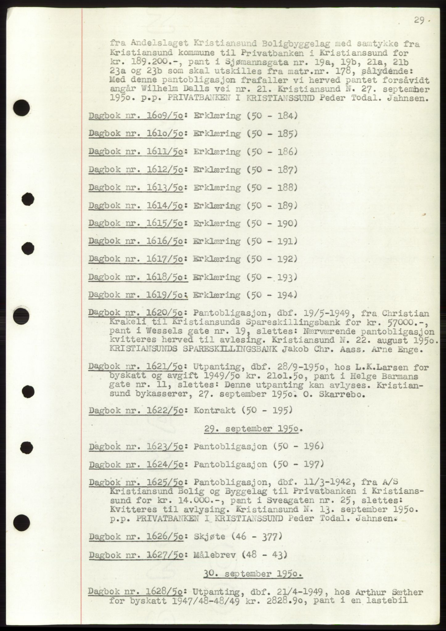 Kristiansund byfogd, AV/SAT-A-4587/A/27: Mortgage book no. 49, 1950-1950, Deed date: 29.09.1950