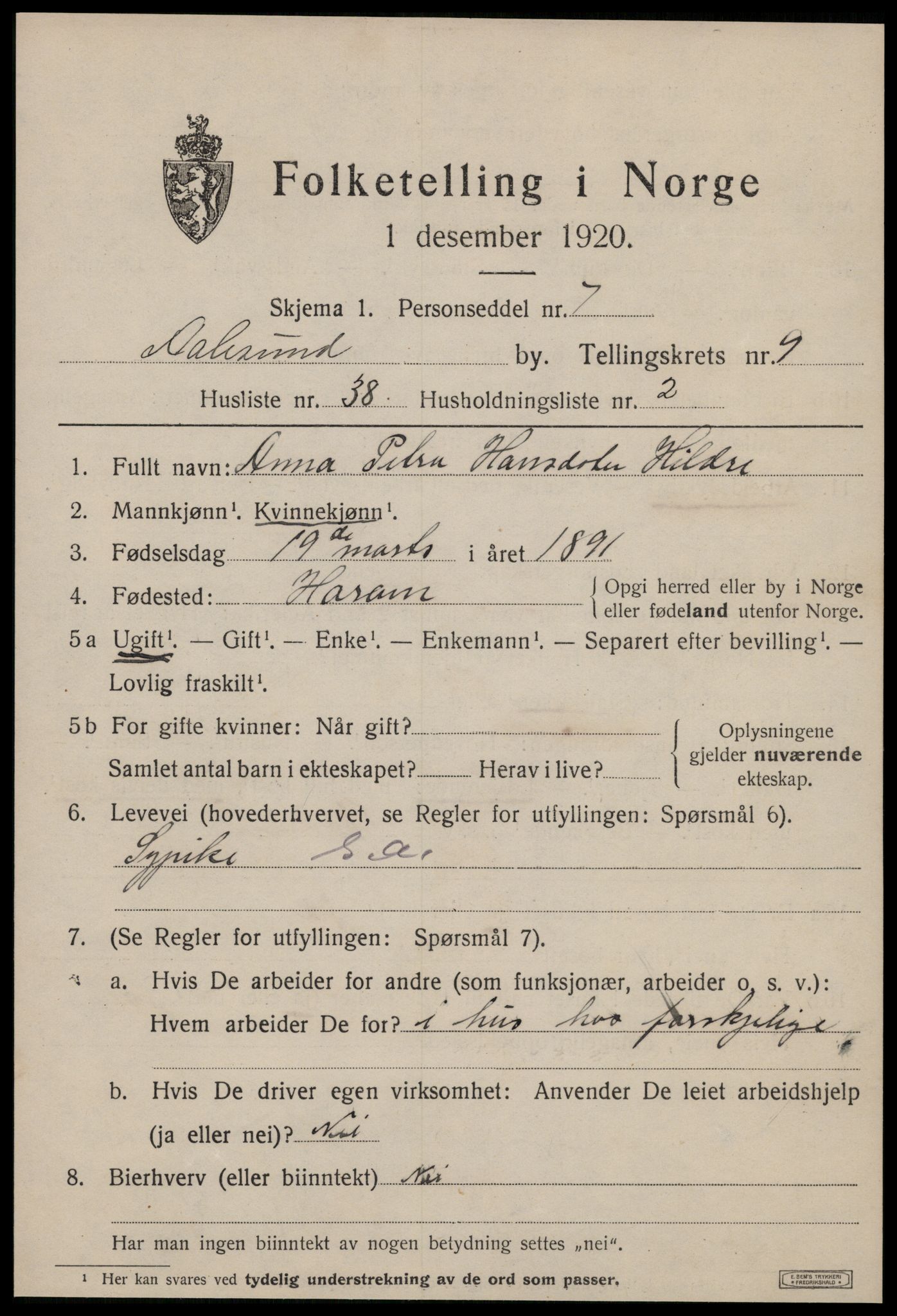SAT, 1920 census for Ålesund, 1920, p. 23826