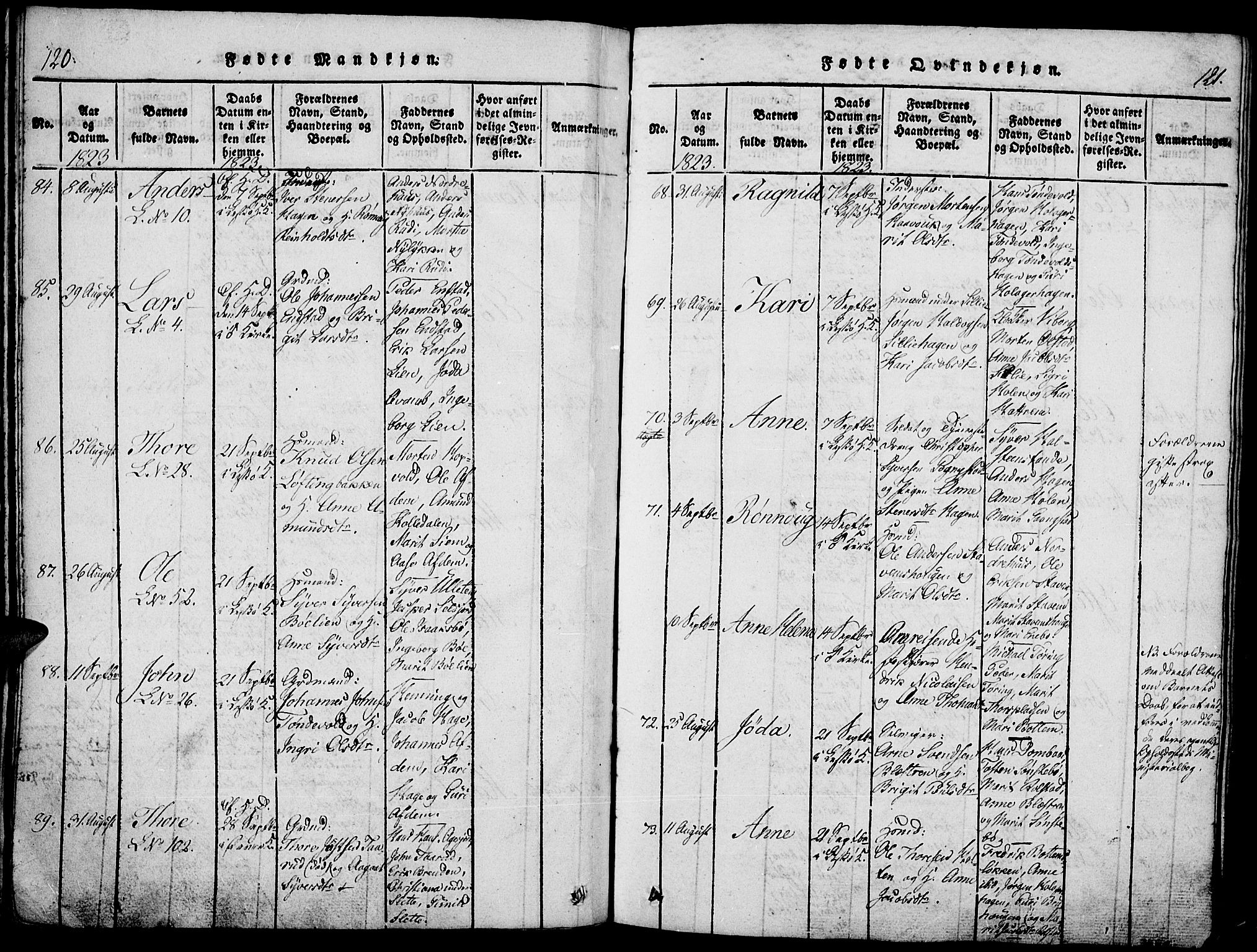 Lesja prestekontor, SAH/PREST-068/H/Ha/Haa/L0004: Parish register (official) no. 4, 1820-1829, p. 120-121