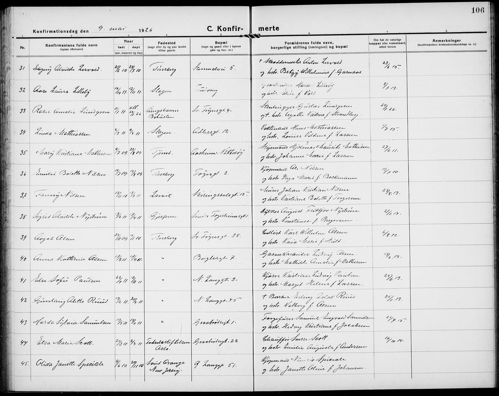 Tønsberg kirkebøker, AV/SAKO-A-330/G/Ga/L0013: Parish register (copy) no. 13, 1920-1929, p. 106