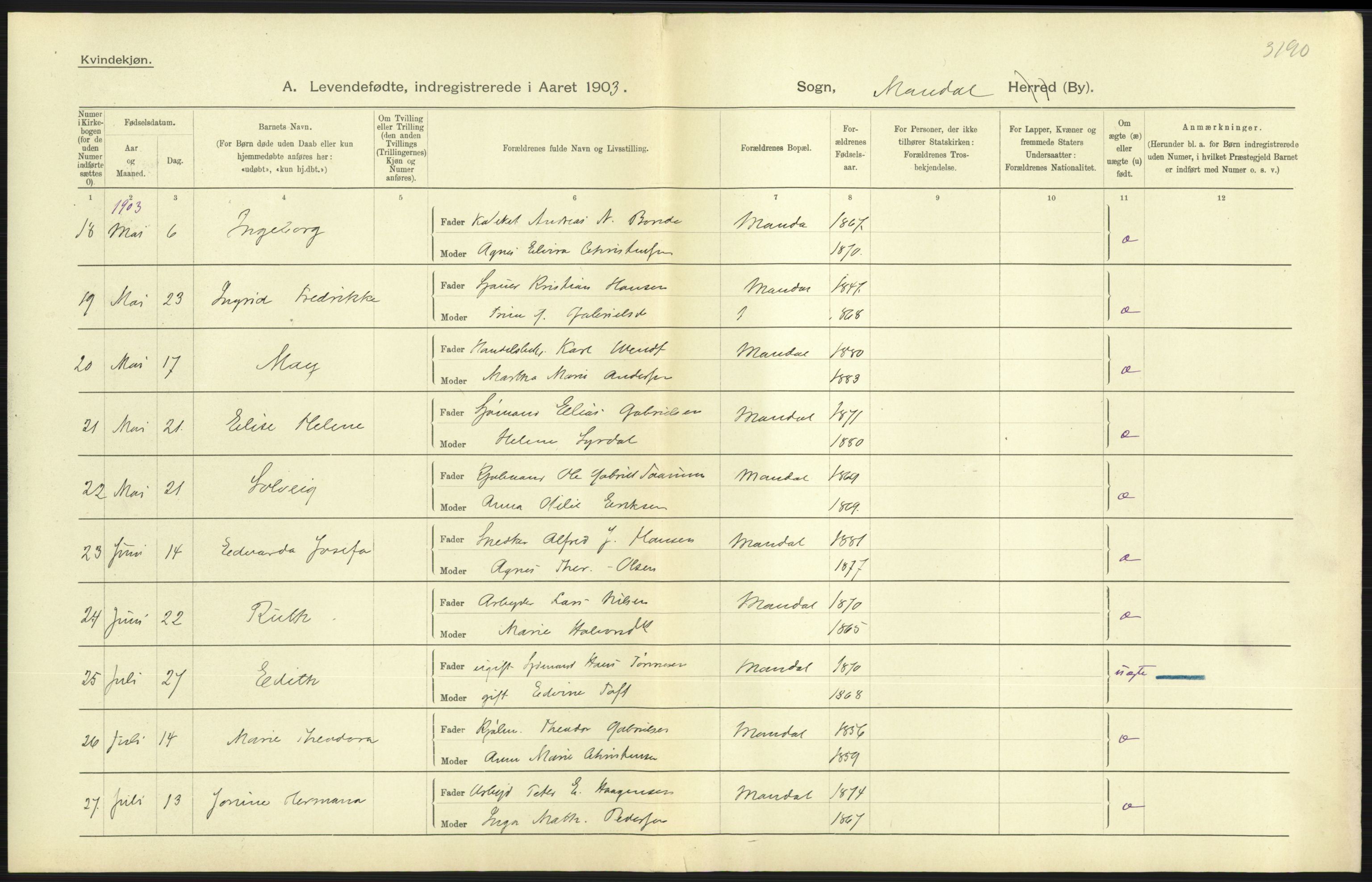 Statistisk sentralbyrå, Sosiodemografiske emner, Befolkning, AV/RA-S-2228/D/Df/Dfa/Dfaa/L0011: Lister og Mandal amt: Fødte, gifte, døde, 1903, p. 207