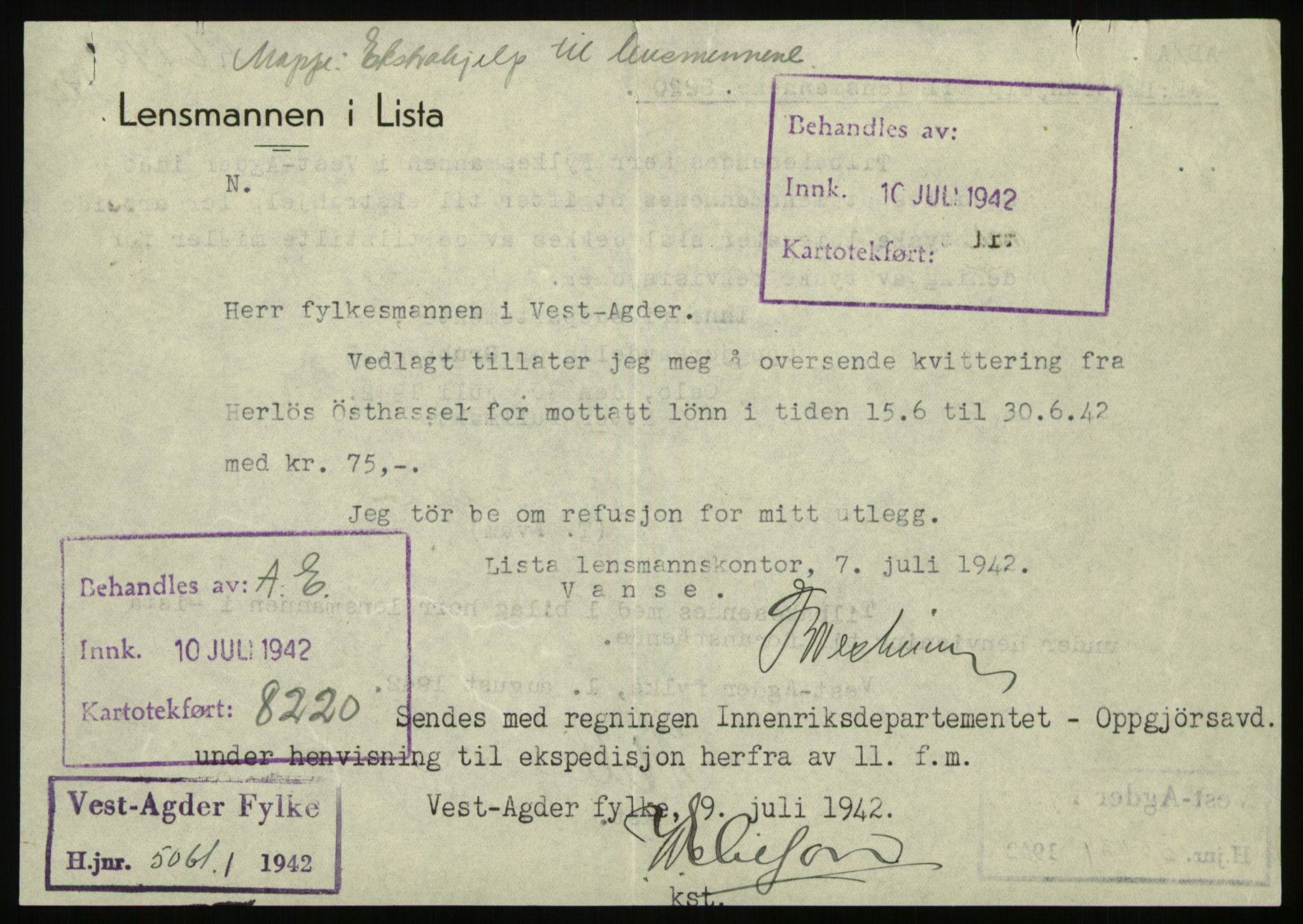 Forsvarsdepartementet, 10. kontor / Oppgjørskontoret, AV/RA-RAFA-1225/D/Db/L0180: Lista oppgjørskontor, 1942-1952, p. 1050