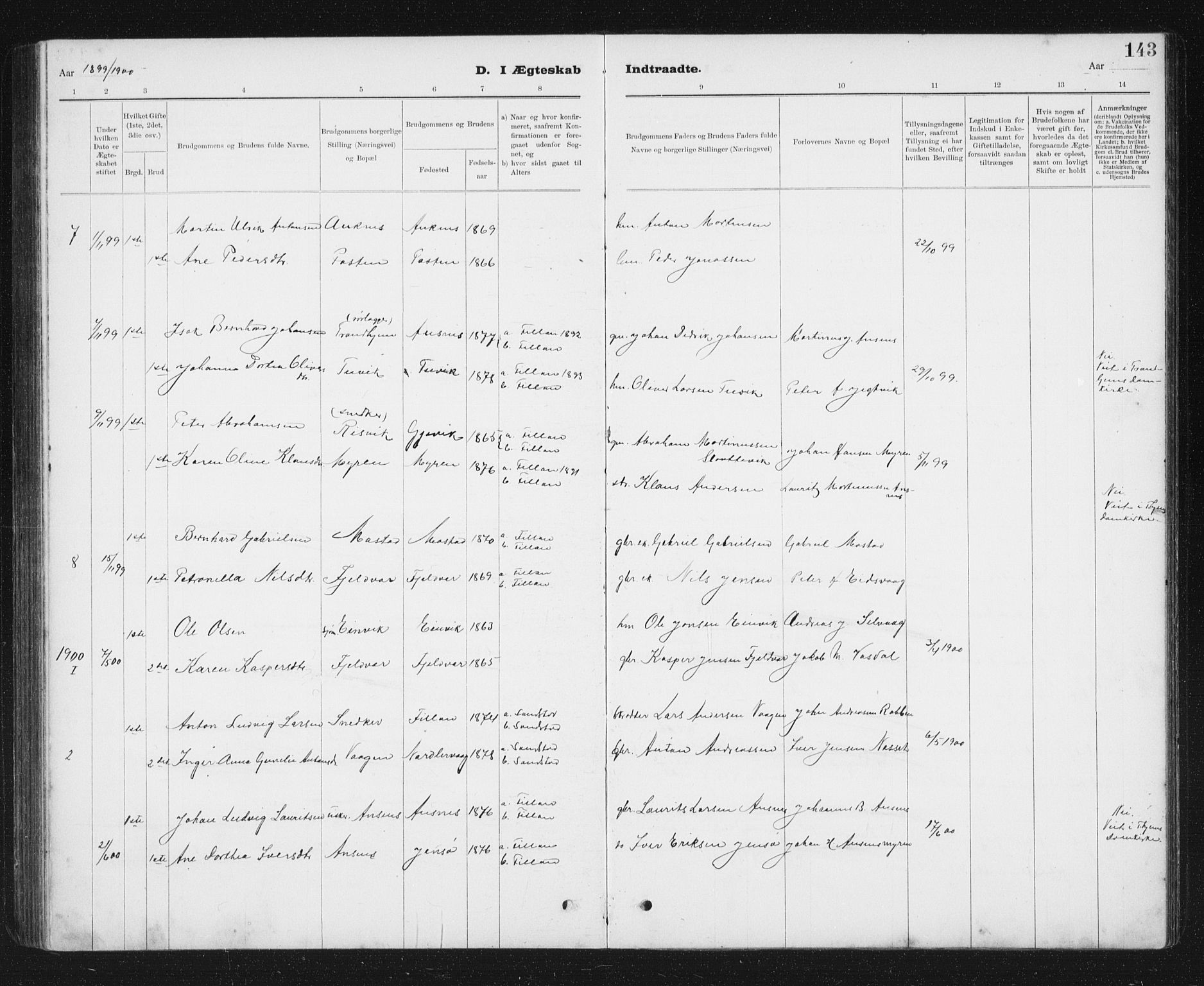 Ministerialprotokoller, klokkerbøker og fødselsregistre - Sør-Trøndelag, SAT/A-1456/637/L0563: Parish register (copy) no. 637C04, 1899-1940, p. 143
