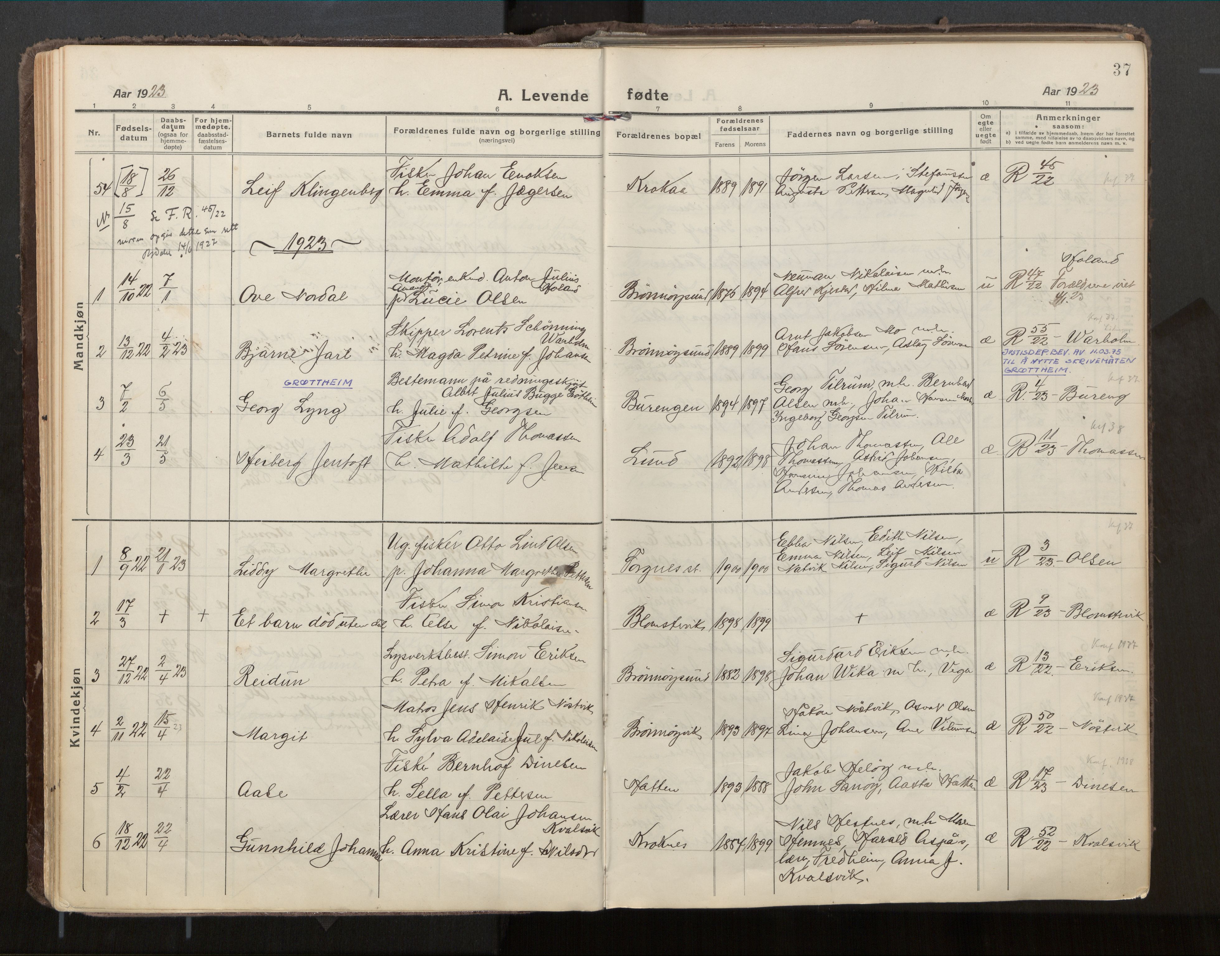 Ministerialprotokoller, klokkerbøker og fødselsregistre - Nordland, SAT/A-1459/813/L0207a: Parish register (official) no. 813A18, 1919-1927, p. 37