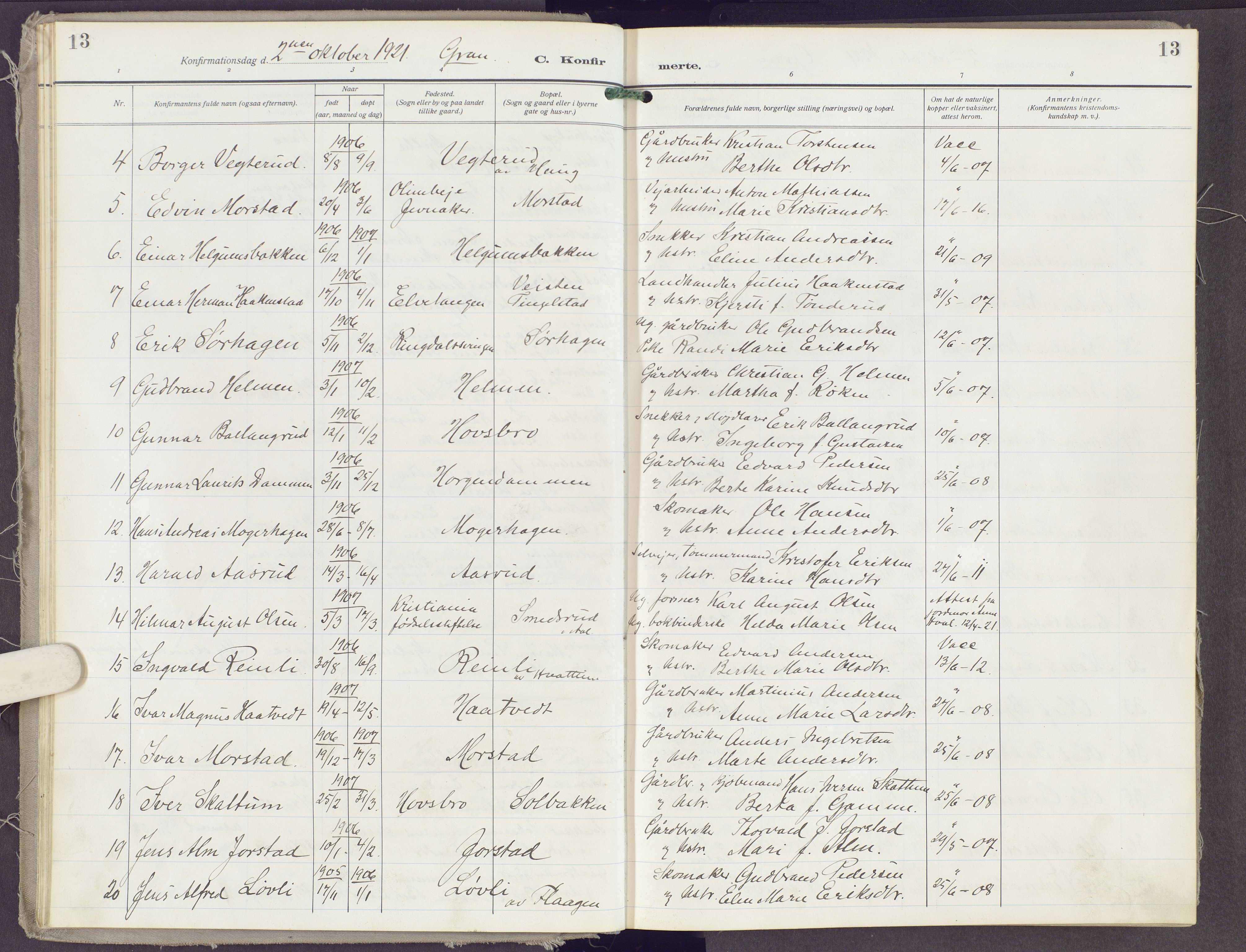 Gran prestekontor, SAH/PREST-112/H/Ha/Haa/L0023: Parish register (official) no. 23, 1919-1938, p. 13
