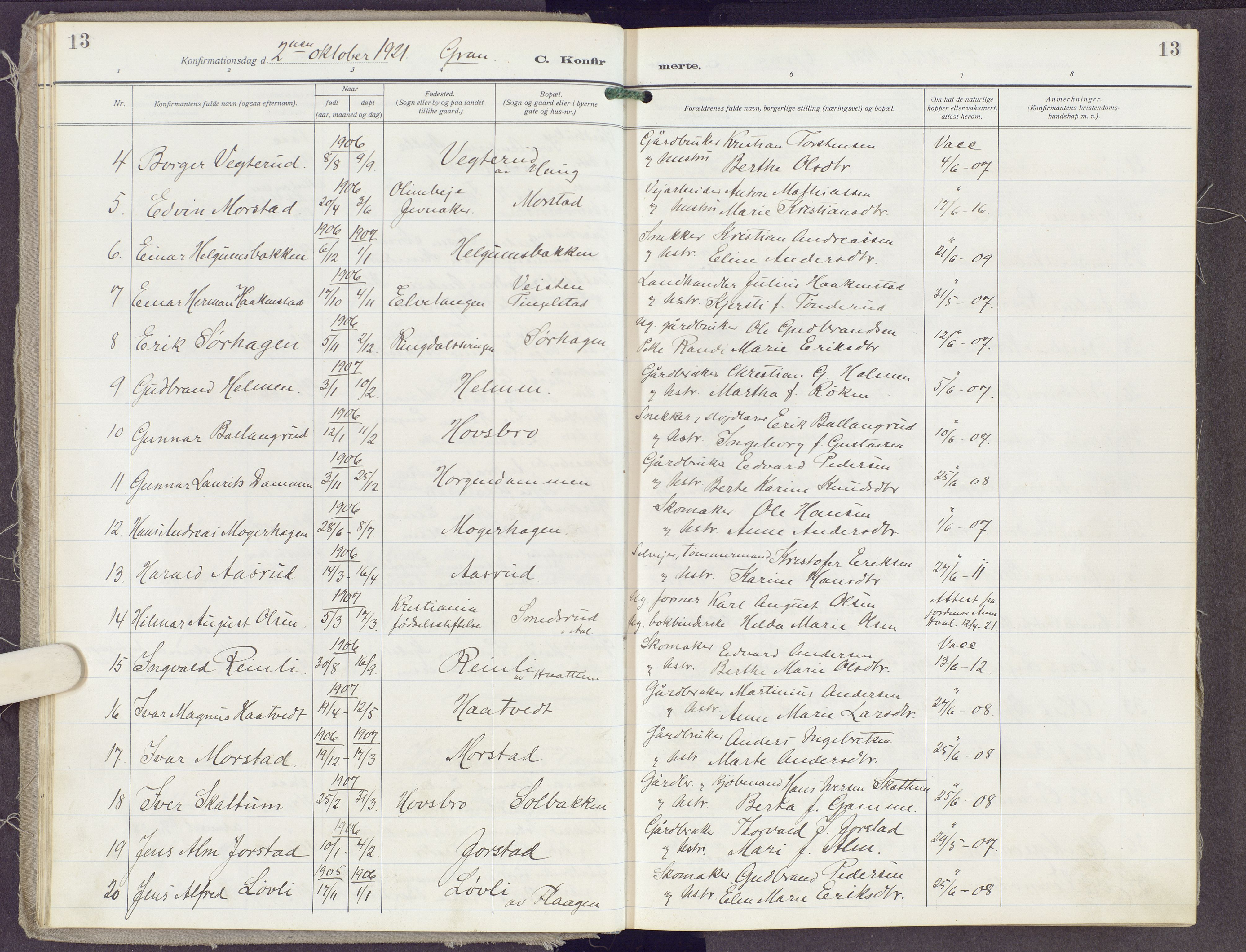 Gran prestekontor, AV/SAH-PREST-112/H/Ha/Haa/L0023: Parish register (official) no. 23, 1919-1938, p. 13