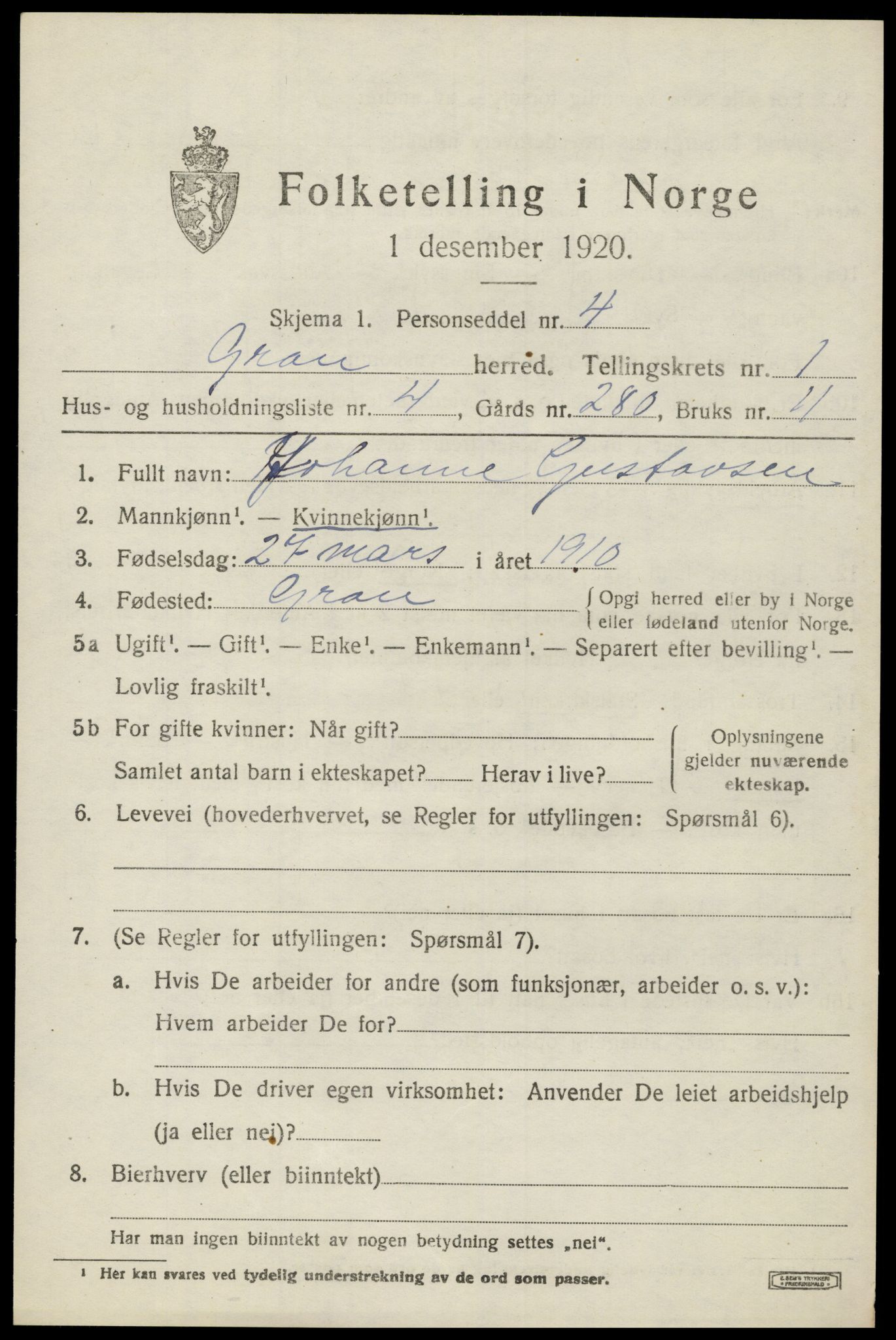 SAH, 1920 census for Gran, 1920, p. 1718