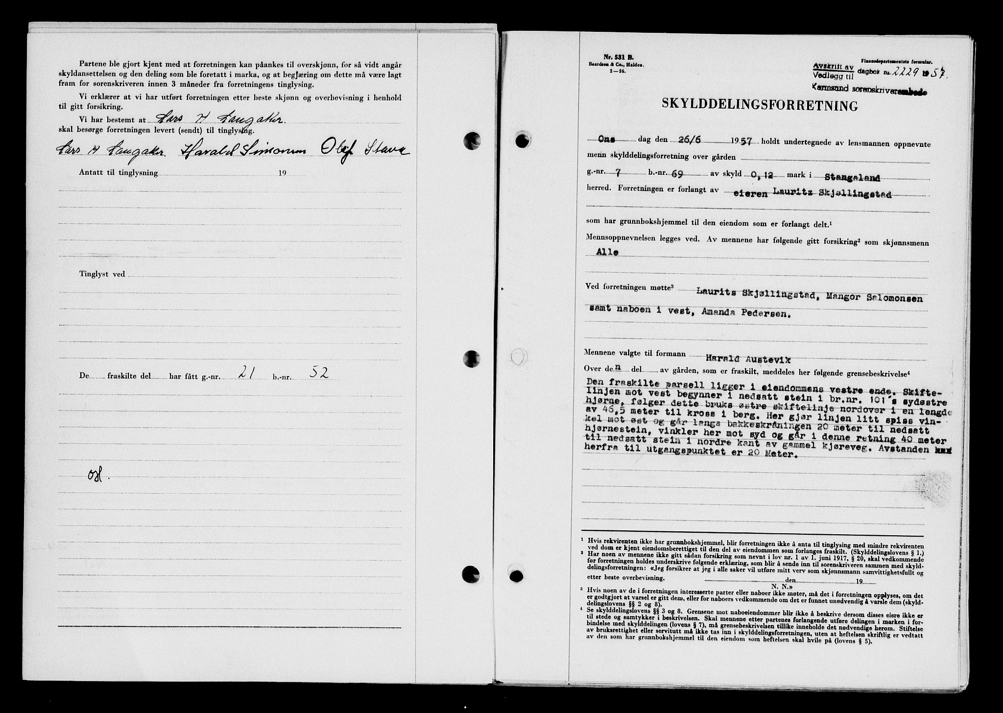 Karmsund sorenskriveri, SAST/A-100311/01/II/IIB/L0125: Mortgage book no. 105A, 1957-1957, Diary no: : 2229/1957
