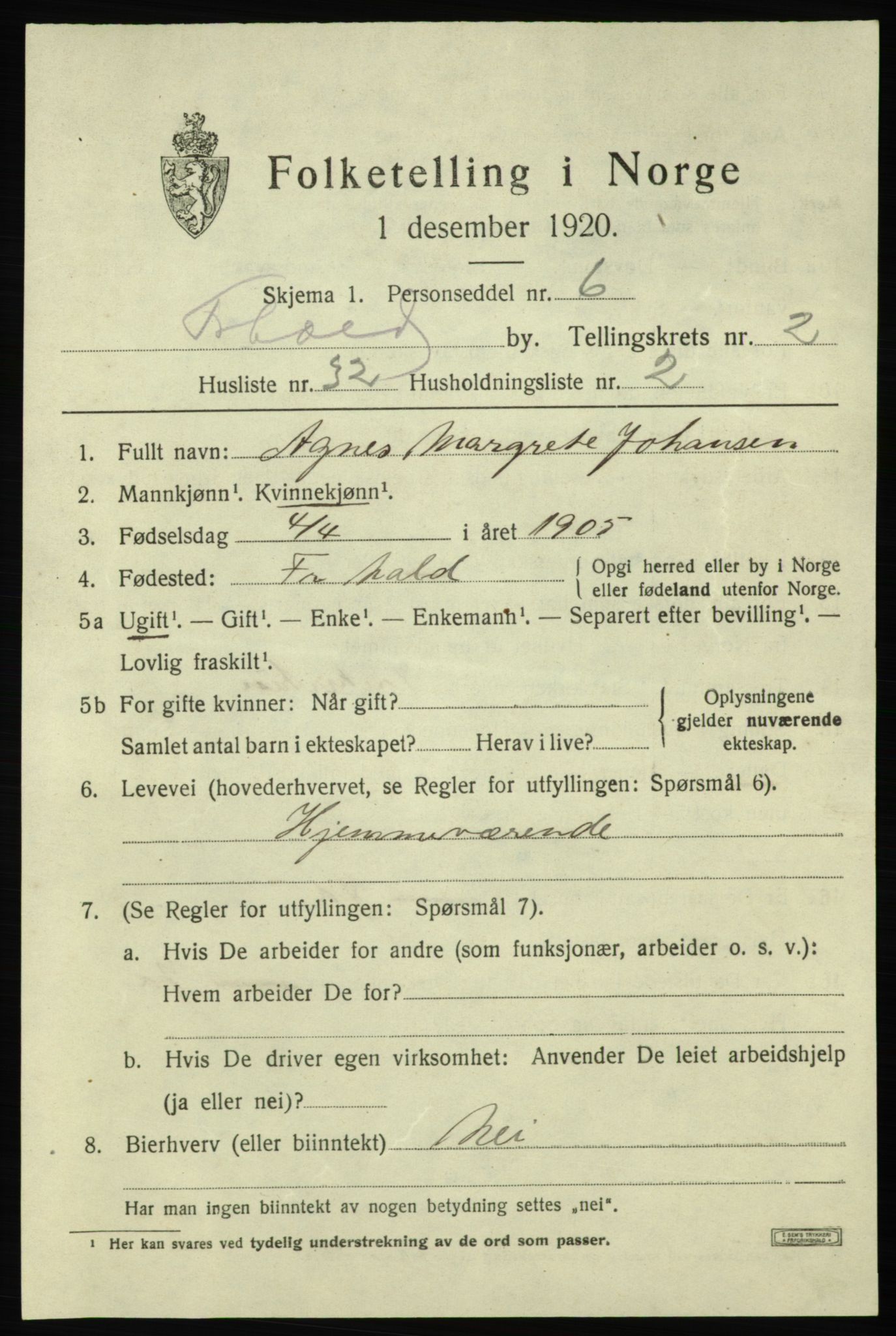 SAO, 1920 census for Fredrikshald, 1920, p. 10119