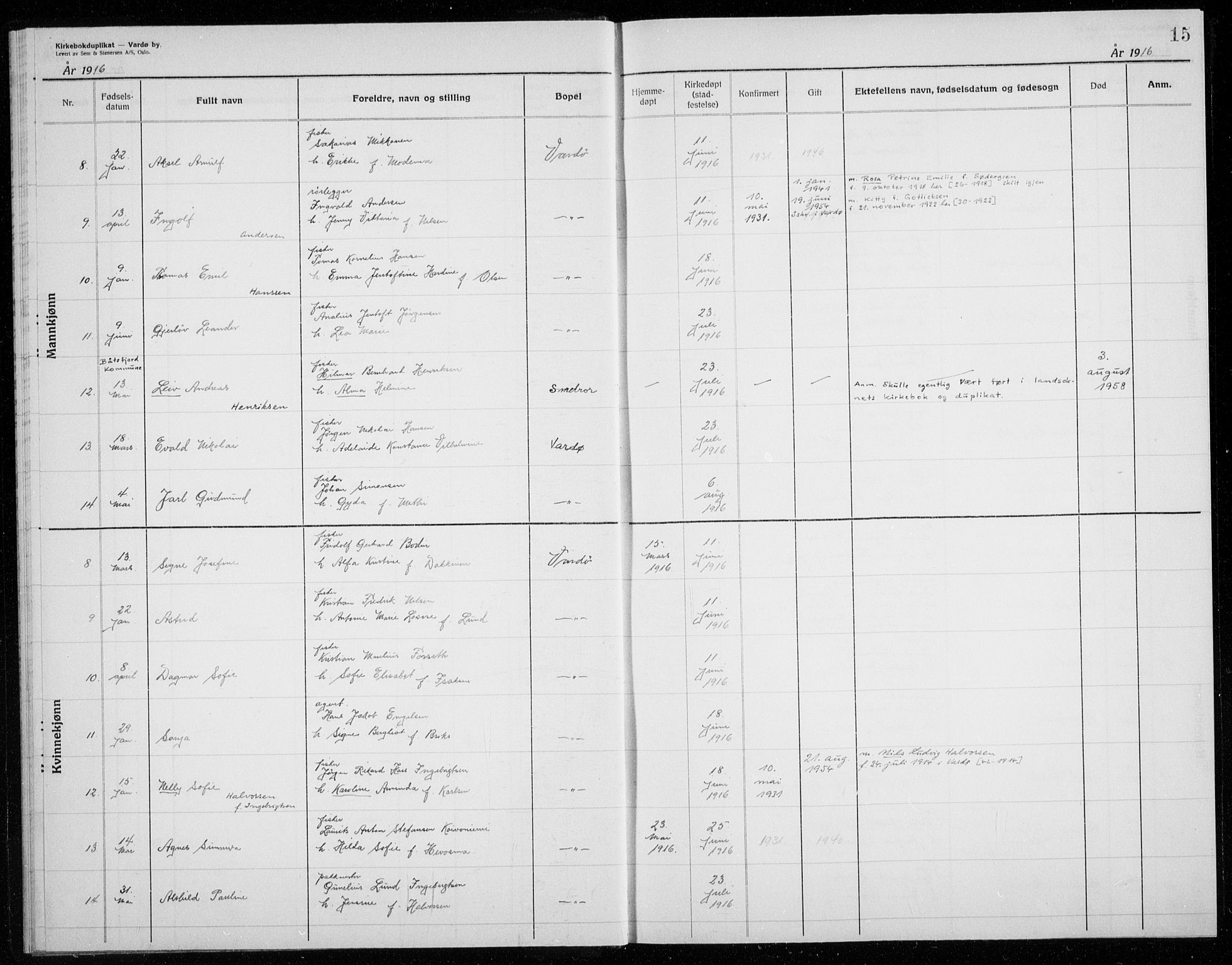 Vardø sokneprestkontor, AV/SATØ-S-1332/H/Hc/L0002kirkerekon: Other parish register no. 2, 1915-1929, p. 15