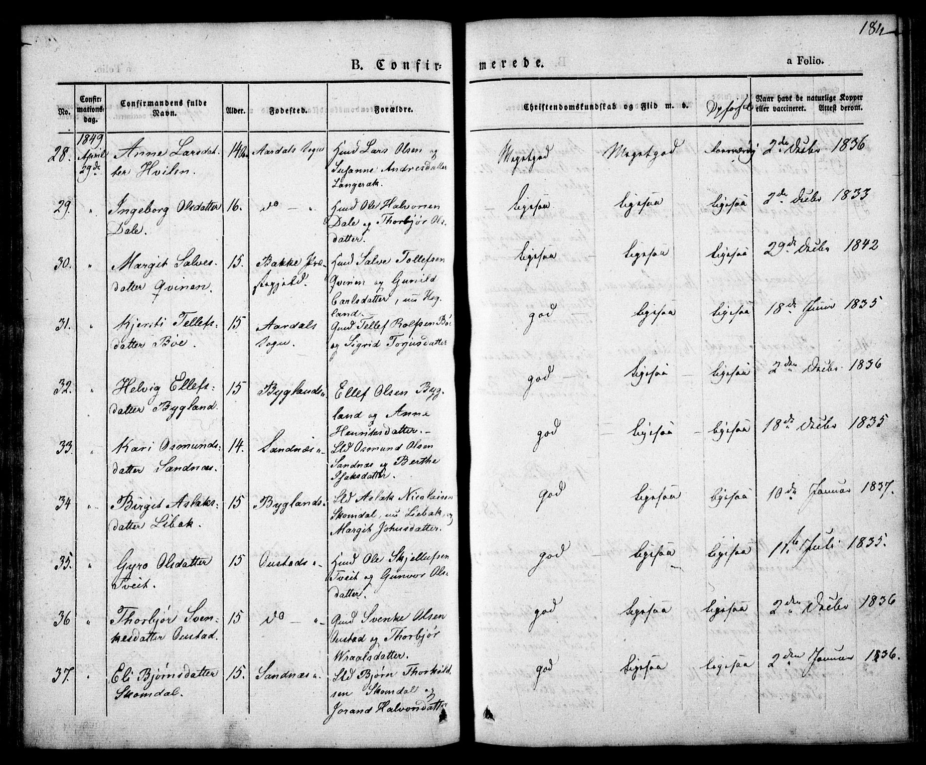 Bygland sokneprestkontor, AV/SAK-1111-0006/F/Fa/Fab/L0004: Parish register (official) no. A 4, 1842-1858, p. 184