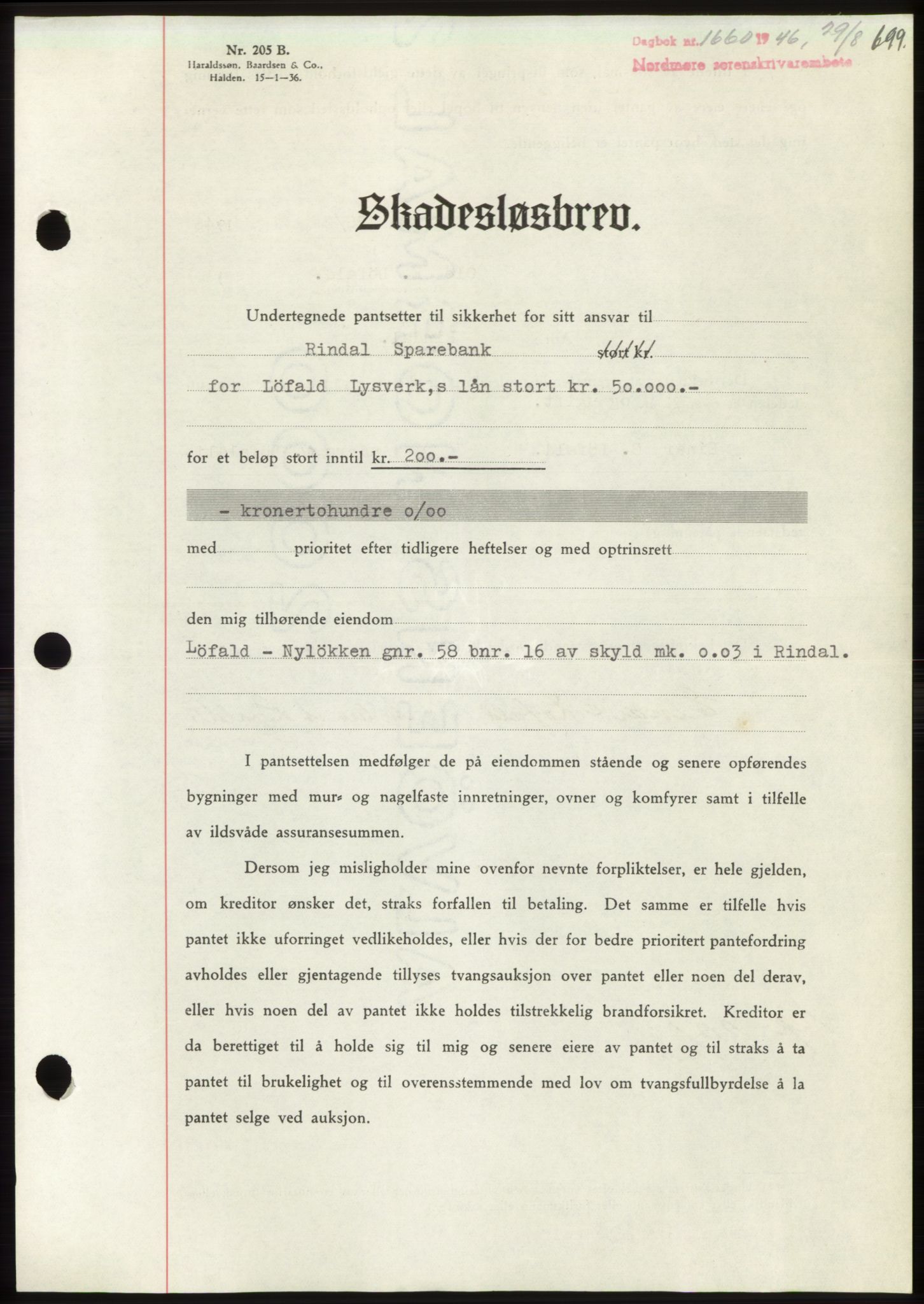 Nordmøre sorenskriveri, AV/SAT-A-4132/1/2/2Ca: Mortgage book no. B94, 1946-1946, Diary no: : 1660/1946