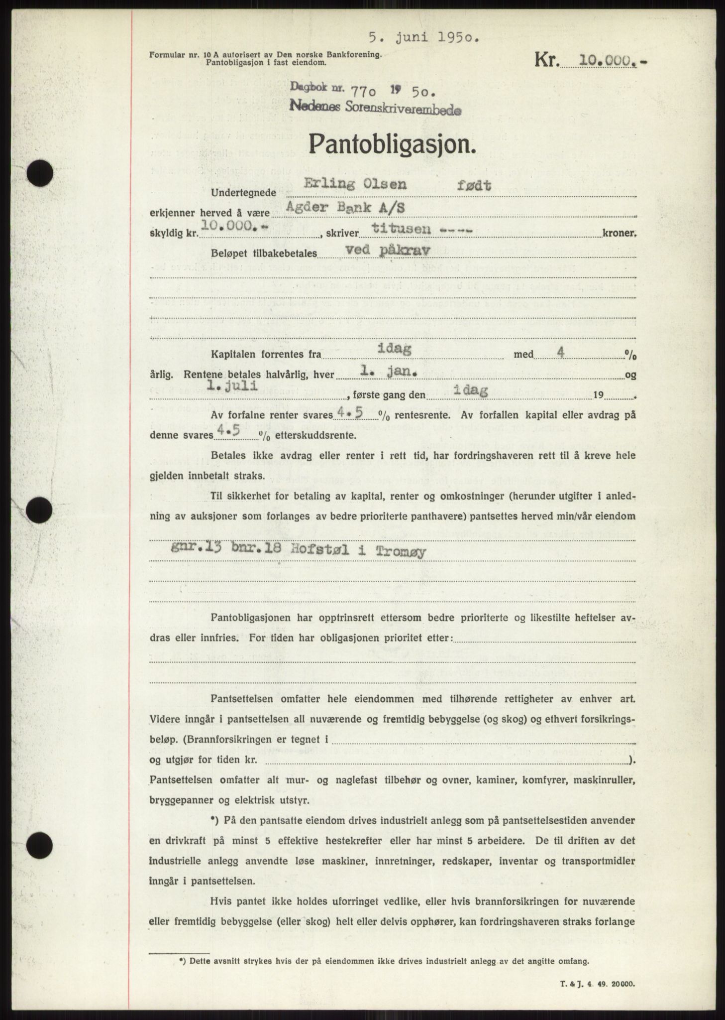 Nedenes sorenskriveri, AV/SAK-1221-0006/G/Gb/Gbb/L0007: Mortgage book no. B7, 1949-1950, Diary no: : 770/1950