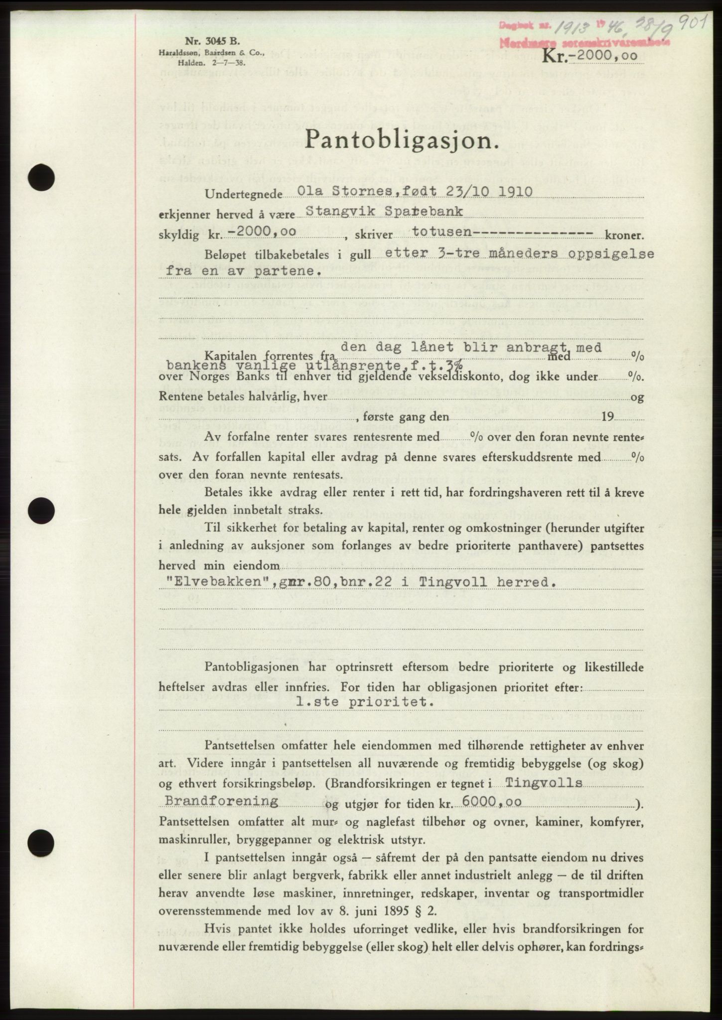 Nordmøre sorenskriveri, AV/SAT-A-4132/1/2/2Ca: Mortgage book no. B94, 1946-1946, Diary no: : 1913/1946